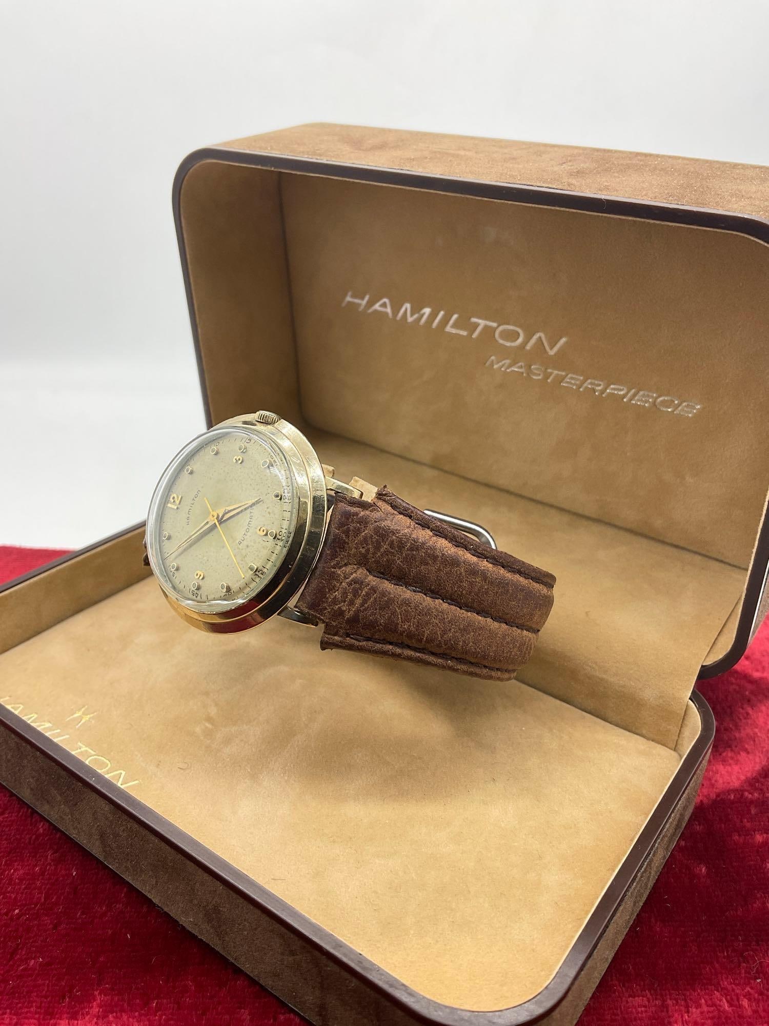 Rare Circa 1950's Men's Hamilton 10K Gold filled bezel Automatic Wrist Watch "UFO Case" W/ OG box - 2