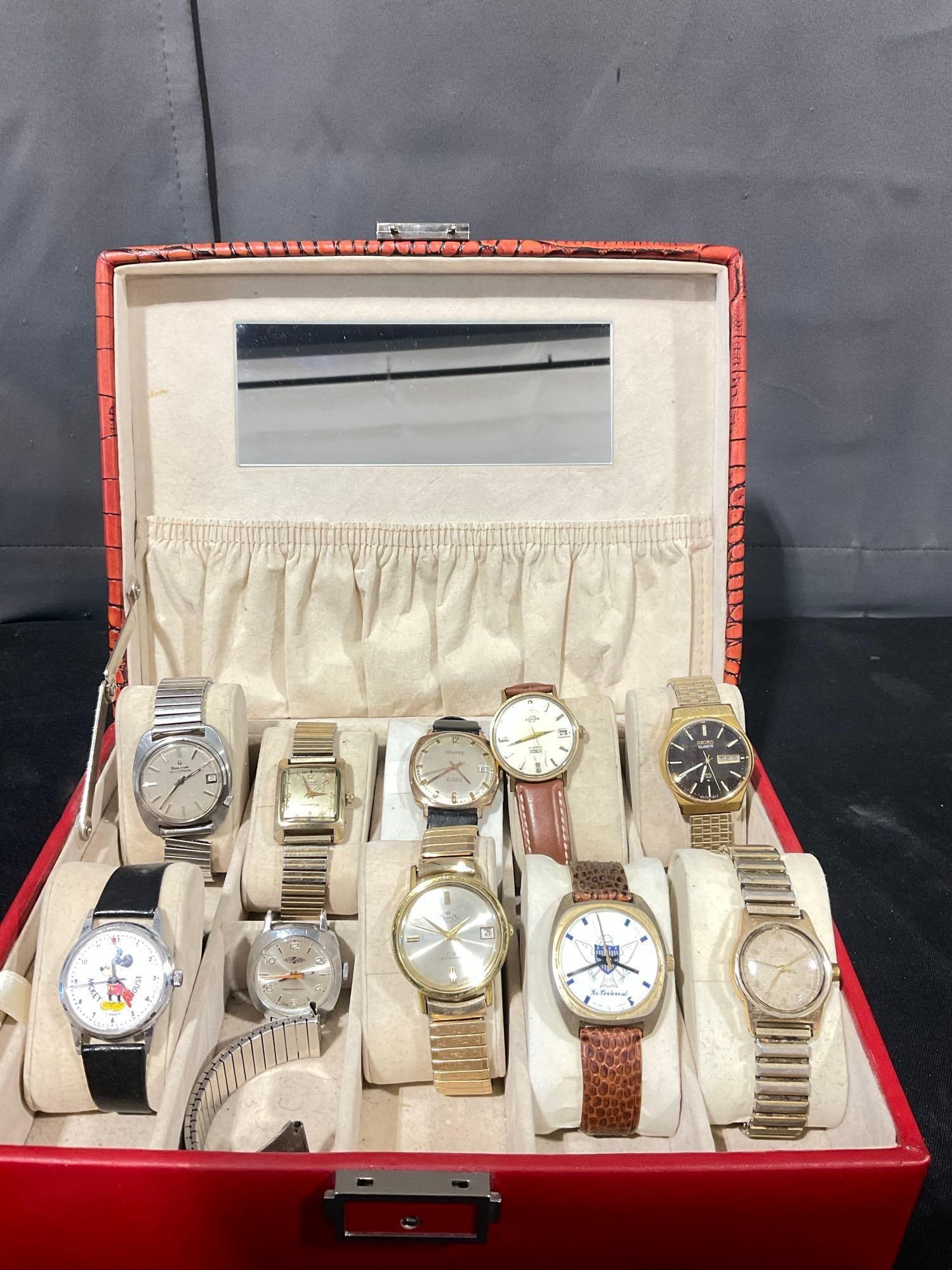 Vintage Faux Alligator Watch case w/ 10 Vintage Watches Most are Swiss made see description: From left to right starting at the top Vintage Bulova Accutron Vintage Elgin Shockmaster Men's Mechanical 10k Gold Filled Still Works!! Vintage Swiss High end Duward 25J Automati