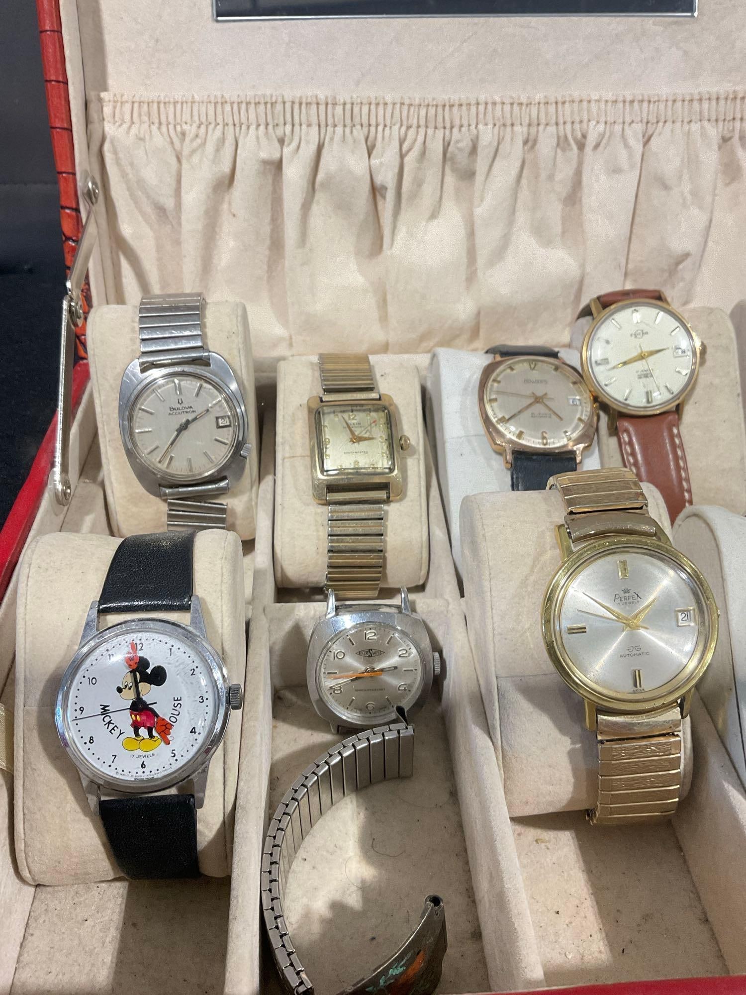 Vintage Faux Alligator Watch case w/ 10 Vintage Watches Most are Swiss made see description - 2