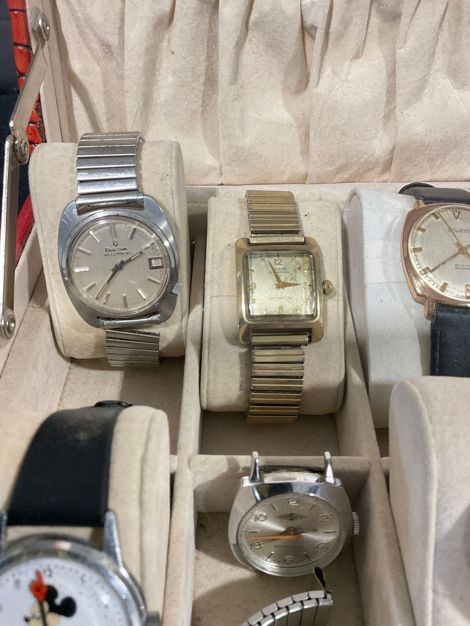 Vintage Faux Alligator Watch case w/ 10 Vintage Watches Most are Swiss made see description - 4