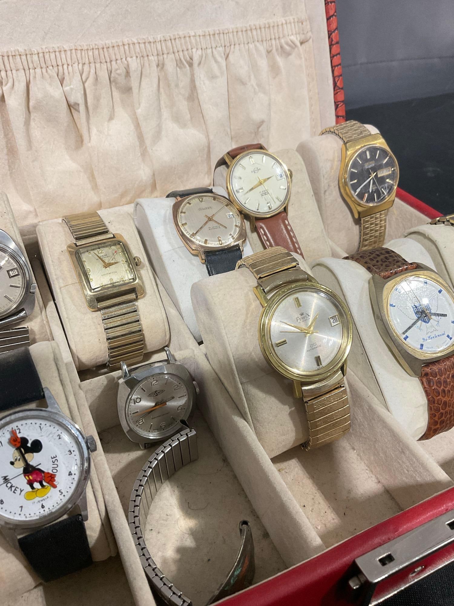 Vintage Faux Alligator Watch case w/ 10 Vintage Watches Most are Swiss made see description - 6