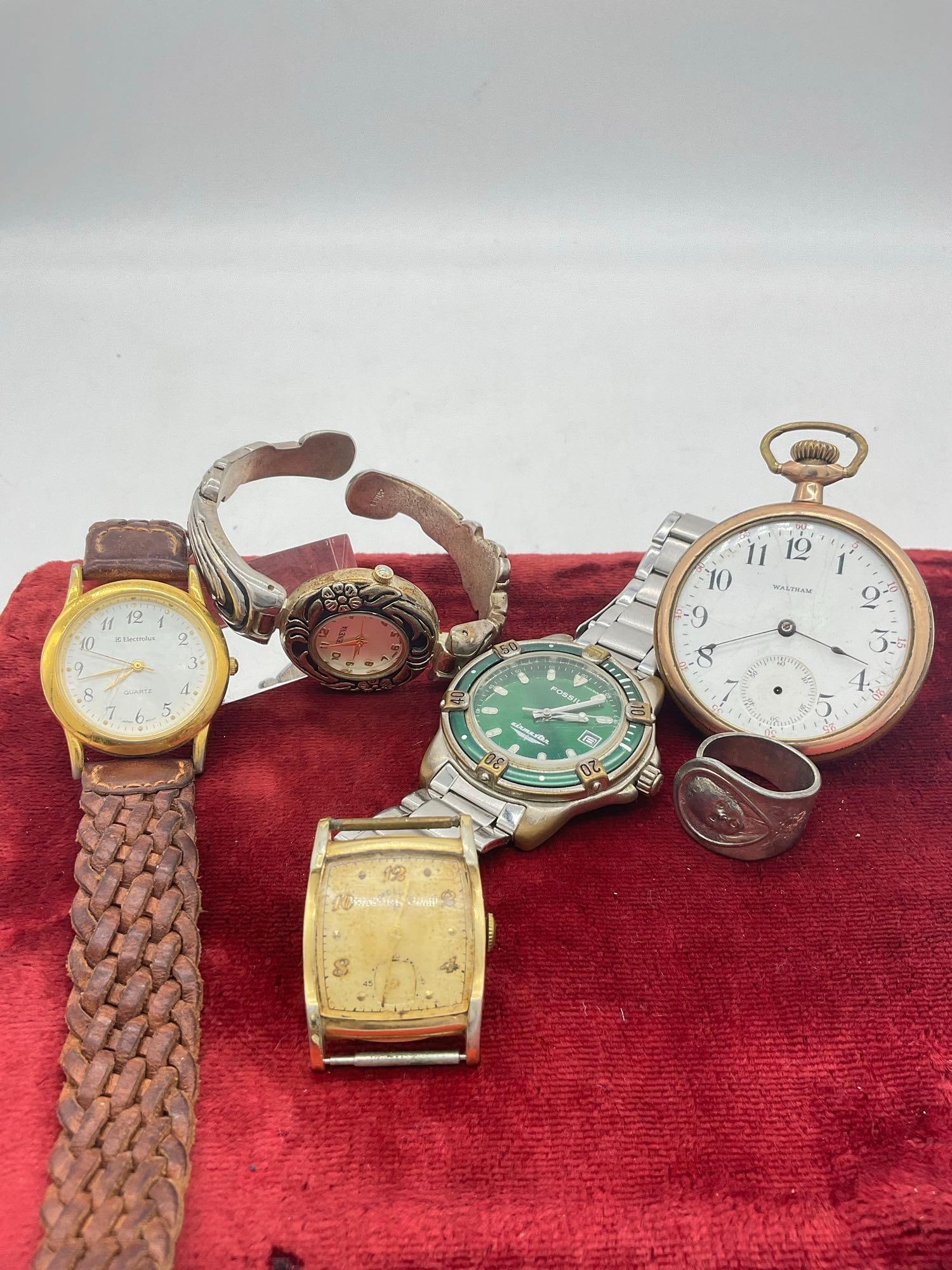 5x Antique and vintage watches including Gold plated Waltham, 14K Gold filled Lord Elgin Wrist wa...: c-5180 Pocket watch needs repair, missing crystal Wrist watches : Electrolux Fossil Gin Master Geneva 