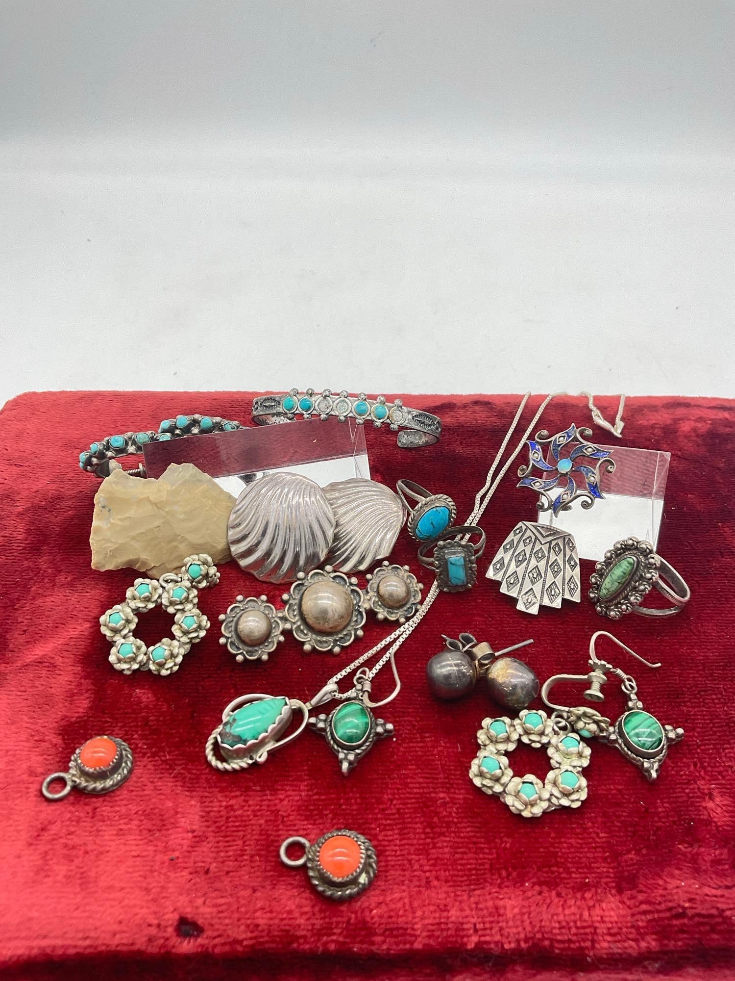 Selection Vintage & SW native American sterling silver Jewelry most marked or tested 67.28 grams: c-5180 6x sets earrings some w/ turquoise / coral some marked Mexico .925 Sterling necklace with turquoise pendant 3x rings most likely Navajo old pawn (
