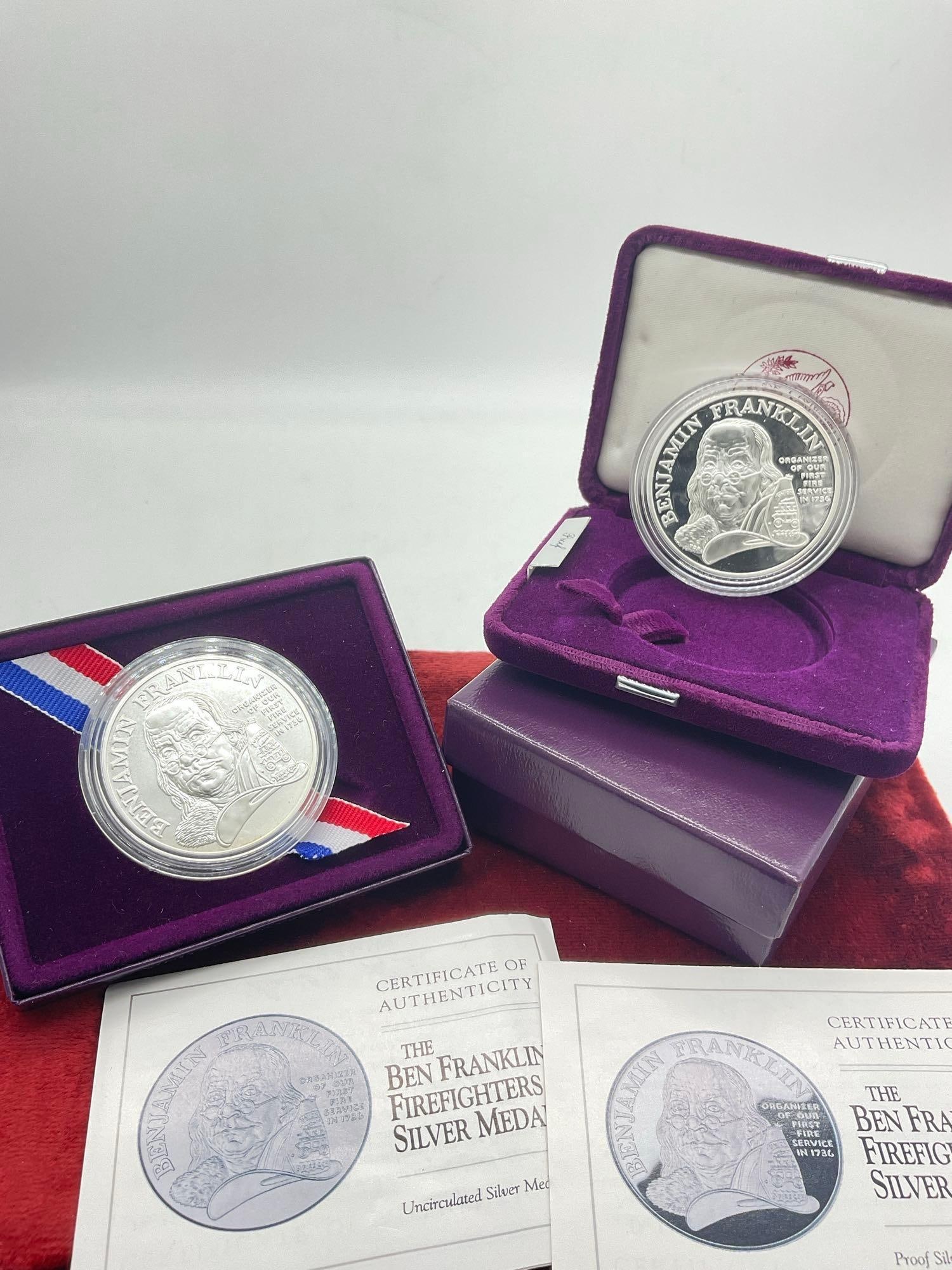 2x US Mint 1992 Benjamin Franklin Firefighters .999 one ounce Uncirculated and Proof Set: 2x 1 ounce .999 commemorative medals Both in OG presentation boxes w/ COA's 
