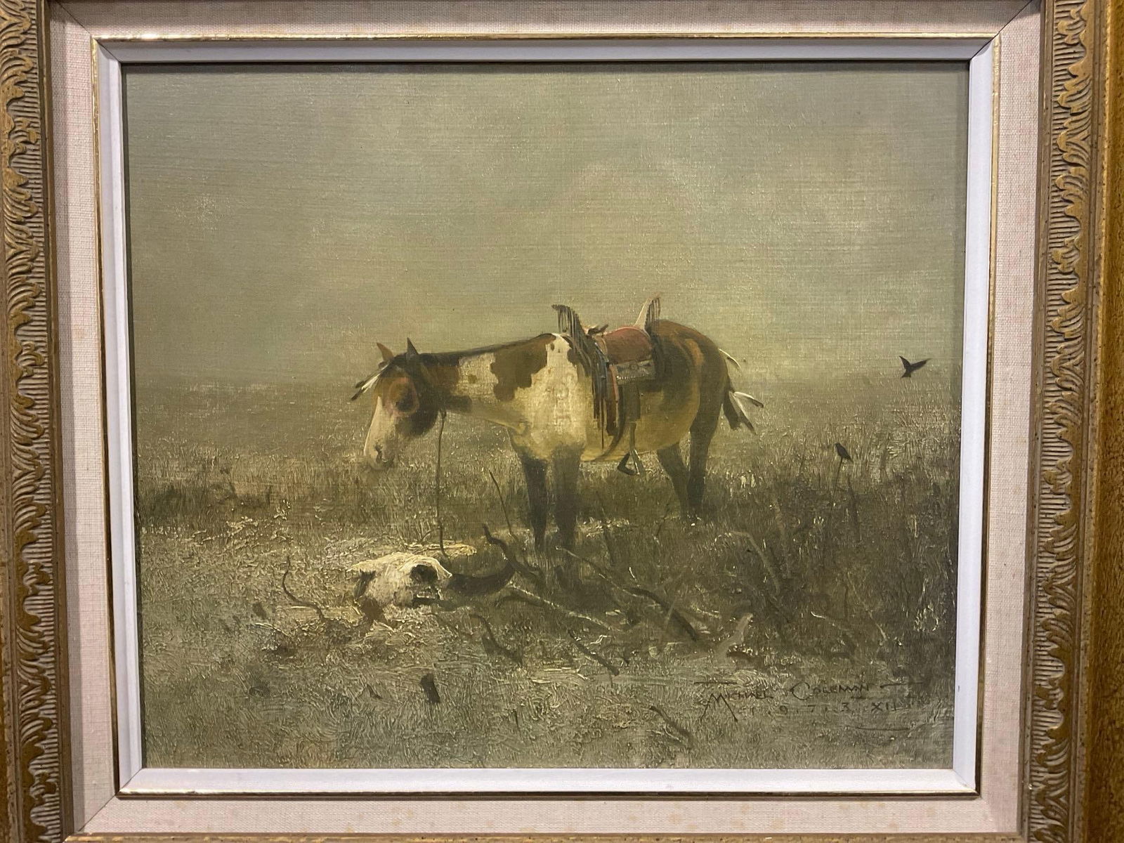 Rare 1973 Southwestern Horse Scene Original Oil Painting by Michael Coleman, an Early Work: Purchased at Zantman art galleries in Carmel by the Sea, CA for $4000, receipt is gone but the original written price remains on the back. Professionally framed, listed notable artist and rare piece