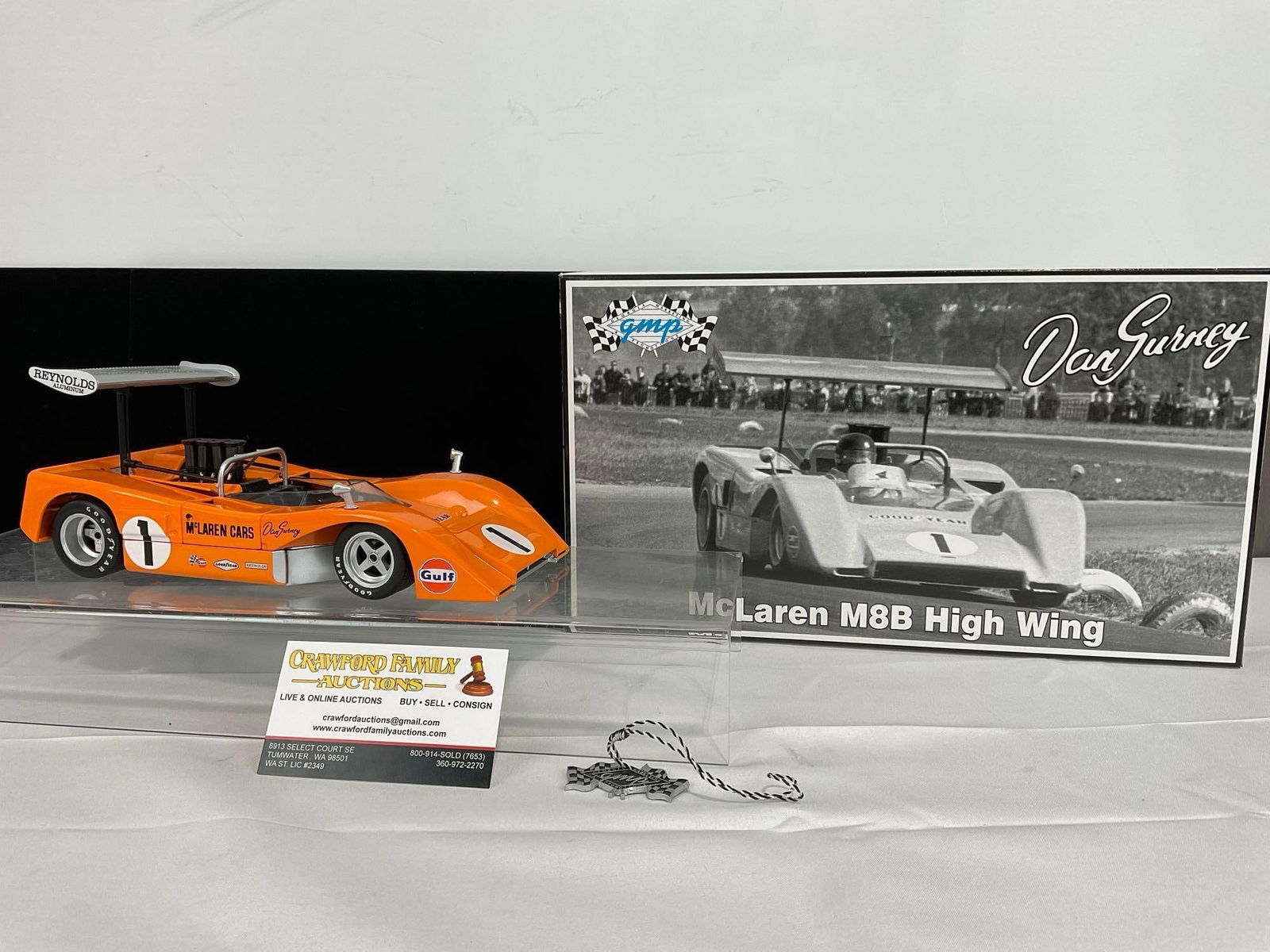 GMP Dan Gurney McLaren M8B High Wing 1/18 Scale Diecast Car Model orig box: Appears to be in good shape. The piece measures approx 5h x 14w x 8d inches. See pics. E-5420 