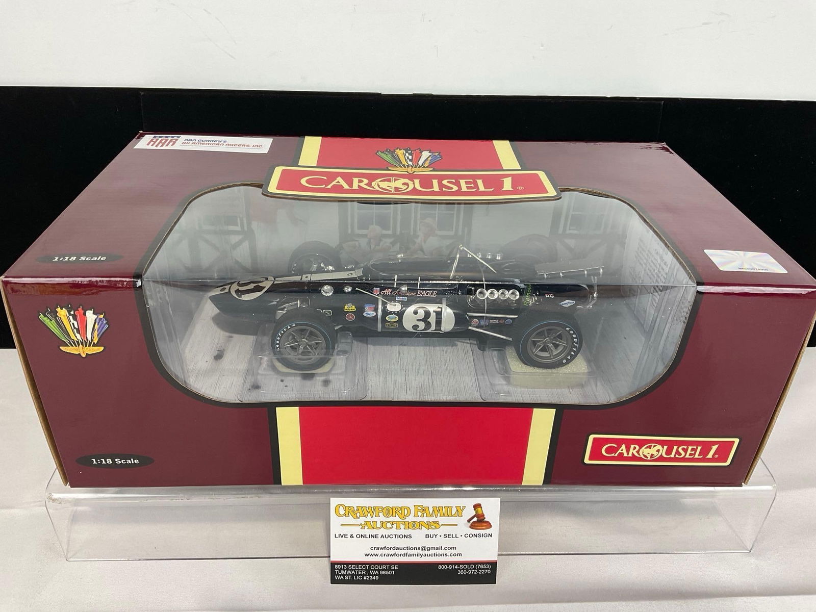 Carousel 1 1966 All American Eagle Indy 500 Dan Gurney 1/18 Scale Diecast Car Model orig box: Appears to be in good shape. The piece measures approx 6h x 15w x 9d inches. See pics. E-5420