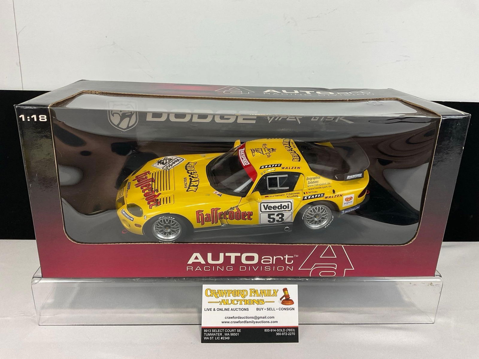 AutoArt 1999 Dodge Viper GTSR Zakspeed Nurburgring 24H 1/18 Scale Diecast Car Model orig box: Appears to be in good shape. The piece measures approx 7h x 15w x 8d inches. See pics. E-5420