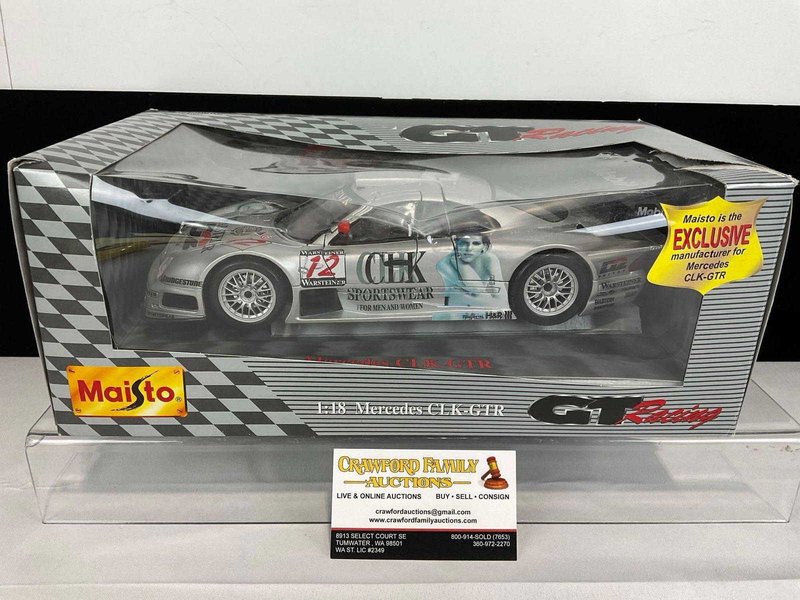 Maisto GT Racing 1997 Mercedes CLK-GTR FIA GT Champ 1/18 Scale Diecast Car Model orig box: Similar to the next piece. Appears to be in good shape. The piece measures approx 6h x 14w x 8d inches. See pics. E-5420
