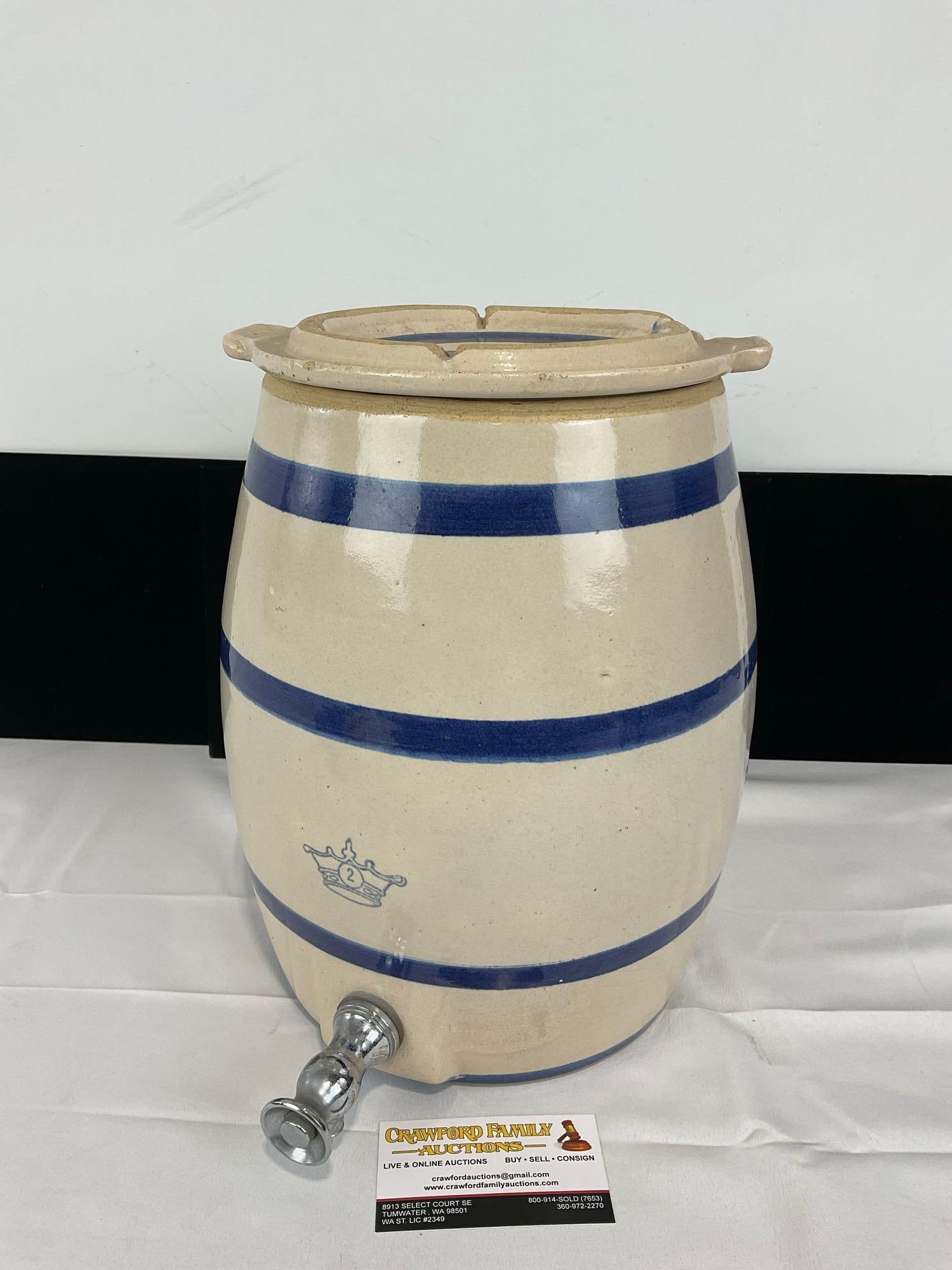 Rare Vintage Robinson Ransbottom Pottery 2 Gallon Stoneware Dispenser, Cobalt Blue Stripes & Spigot: Appears to be in good shape. The piece measures approx 13h x 10w x 12d inches. See pics. E-5450 