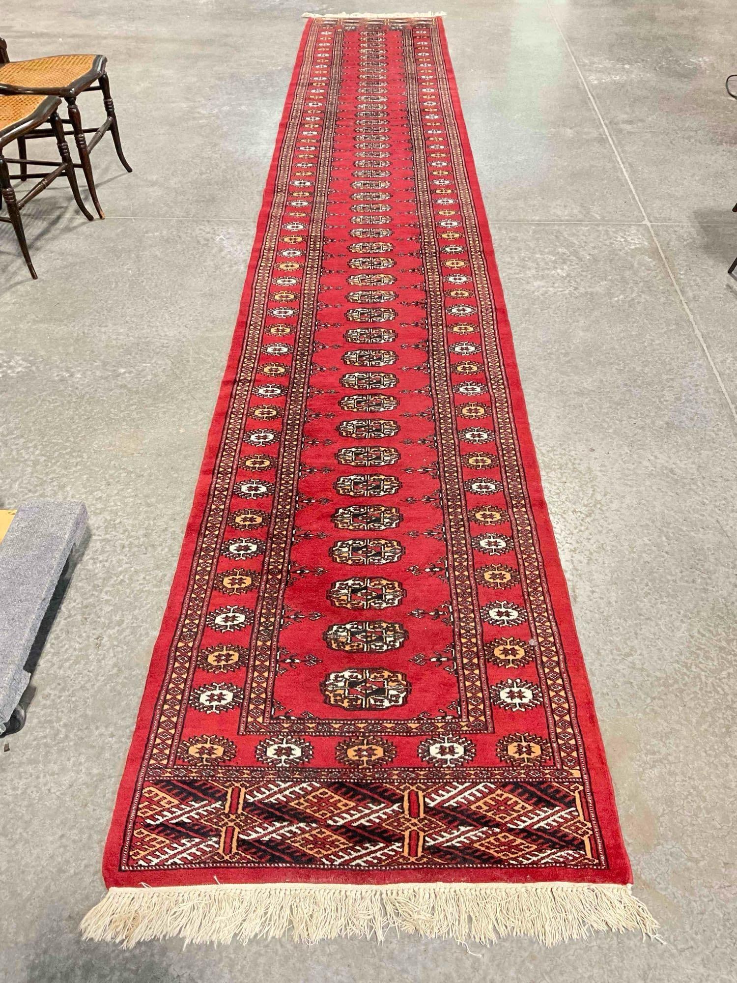Vintage Pakistani Bokhara Red Wool Pile Hallway Runner Rug. Measures 192" x 30" See pics. (1 of 8)