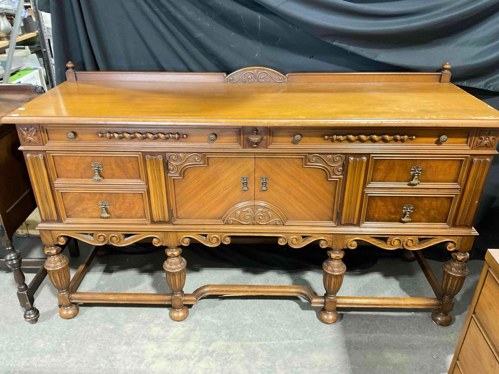 Antique Jacobean Style carved Oak/Walnut? Wood Side Board Buffet w/ Turned legs & Great Details. (1 of 10)