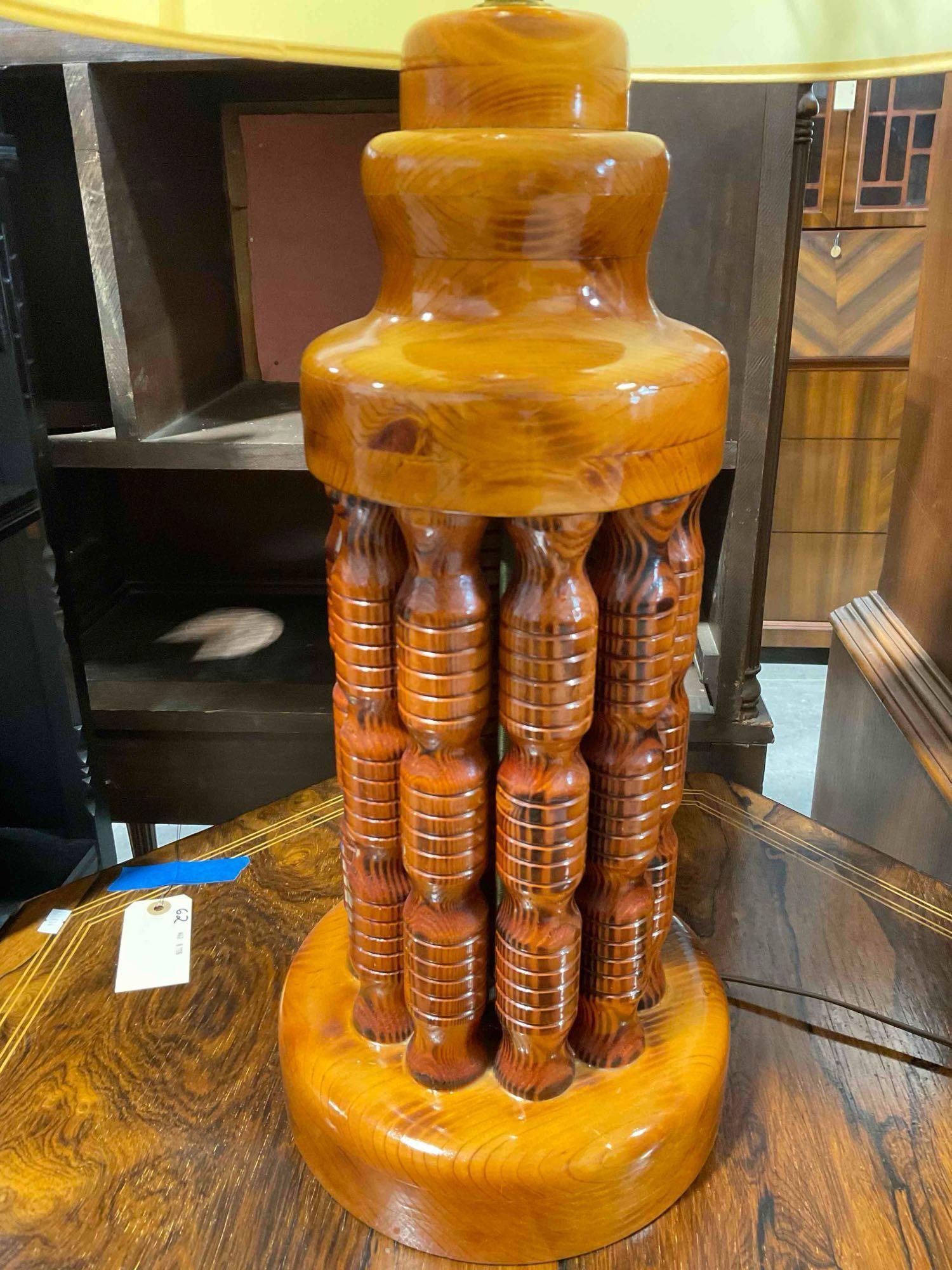 Vintage MC Brutalist Carved Teak Wood Table Lamp w/ Ivory color Shade. Tested, Works. V, G, condt... - 2