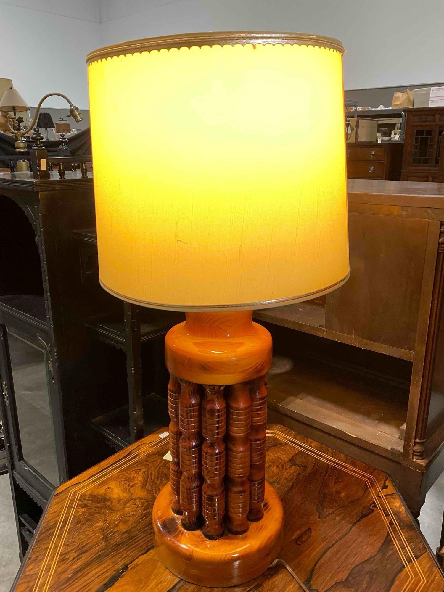 Vintage MC Brutalist Carved Teak Wood Table Lamp w/ Ivory color Shade. Tested, Works. V, G, condt... - 3