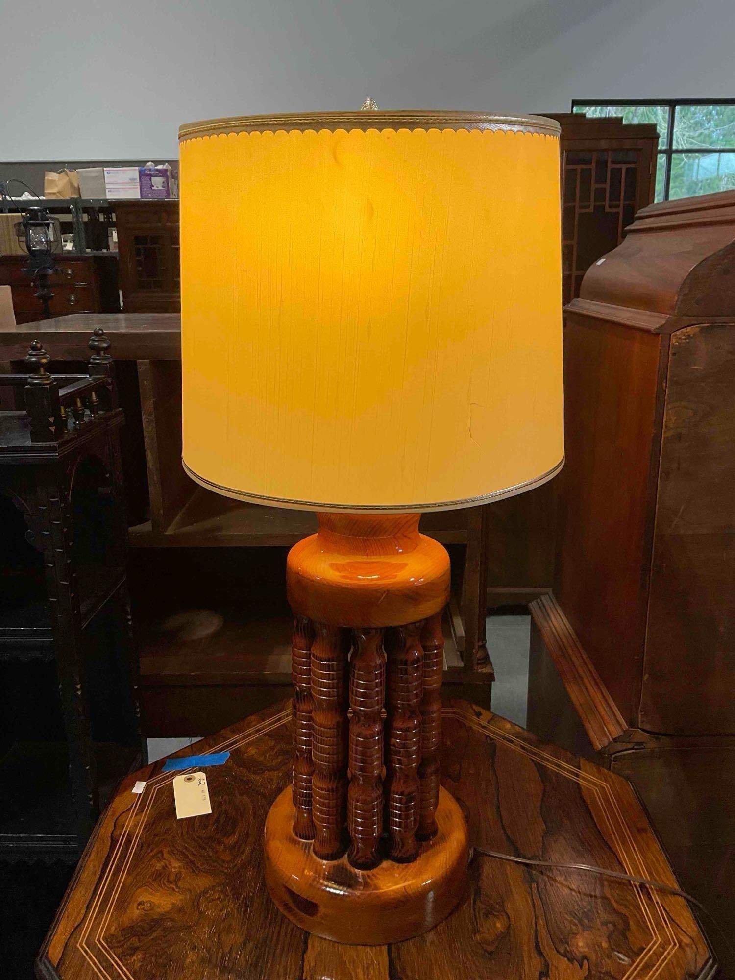 Vintage MC Brutalist Carved Teak Wood Table Lamp w/ Ivory color Shade. Tested, Works. V, G, condt... - 4