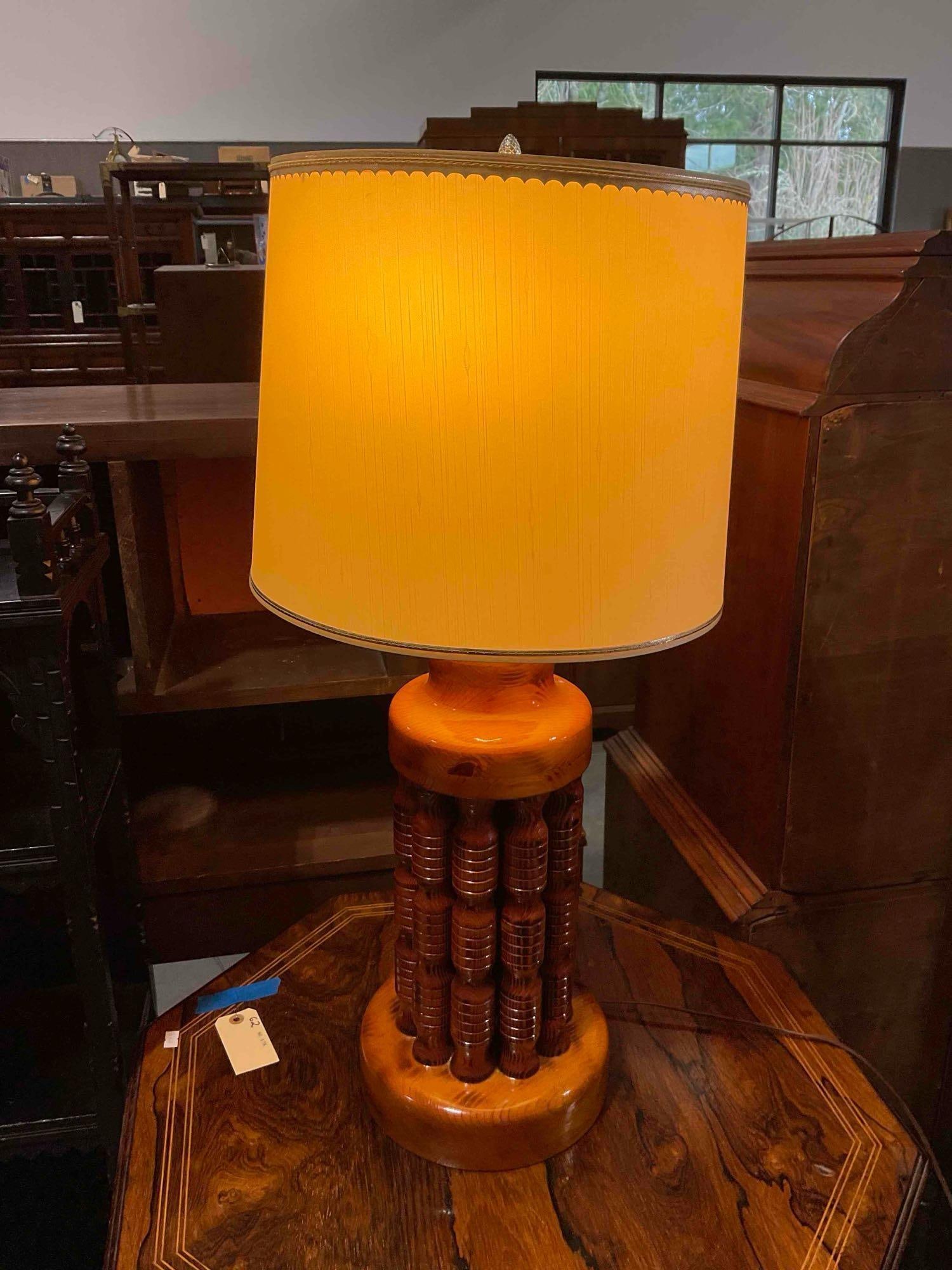 Vintage MC Brutalist Carved Teak Wood Table Lamp w/ Ivory color Shade. Tested, Works. V, G, condt... - 5