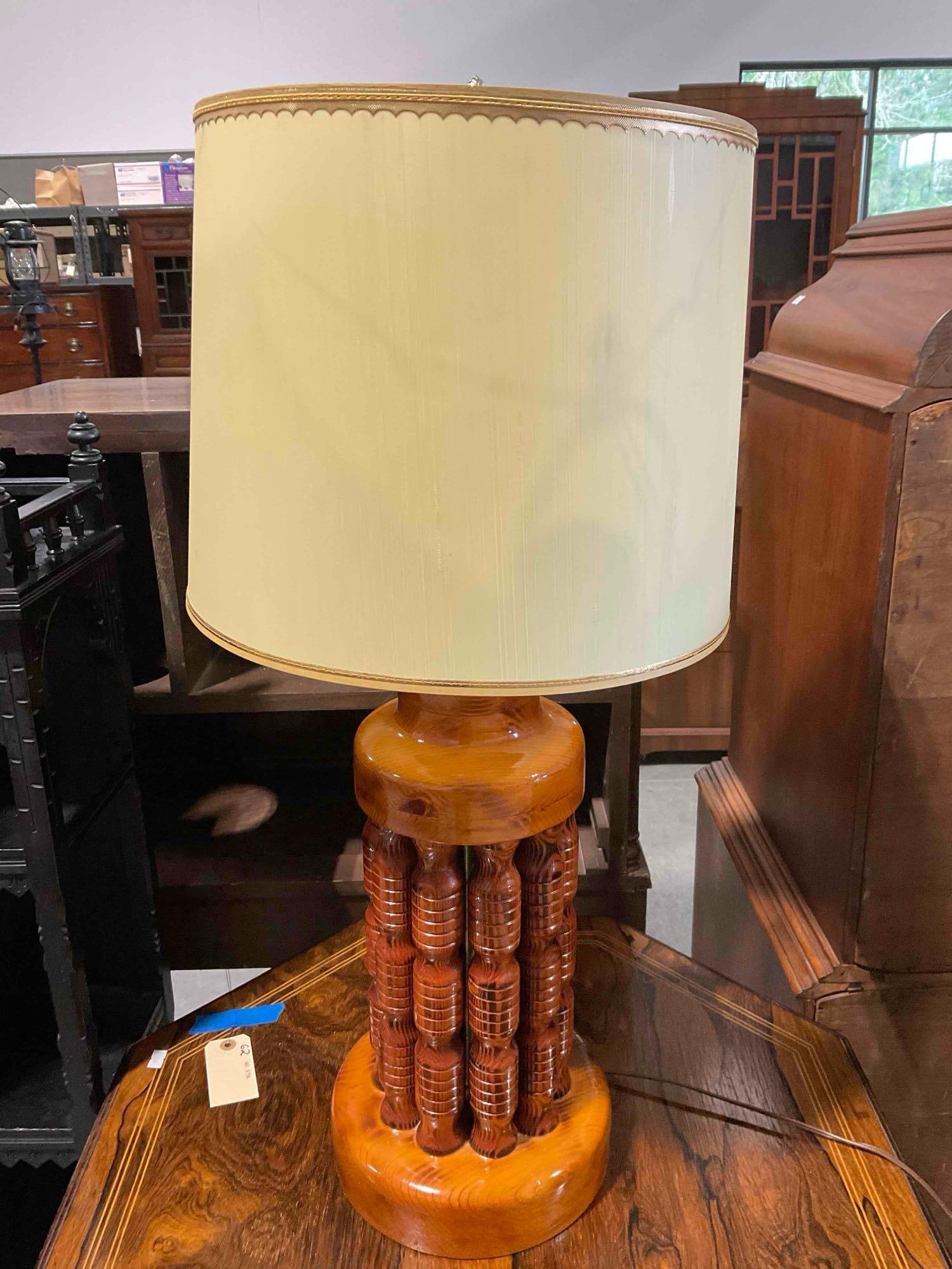 Vintage MC Brutalist Carved Teak Wood Table Lamp w/ Ivory color Shade. Tested, Works. V, G, condt... - 6