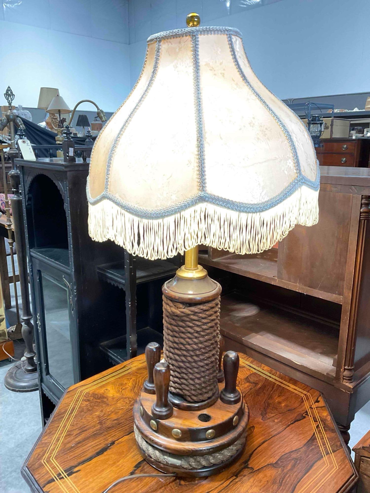 Vintage MC Nautical Style Wood & Rope Table Lamp w/ Cream Cloth Shade, Tested, Works. See pics. (1 of 8)