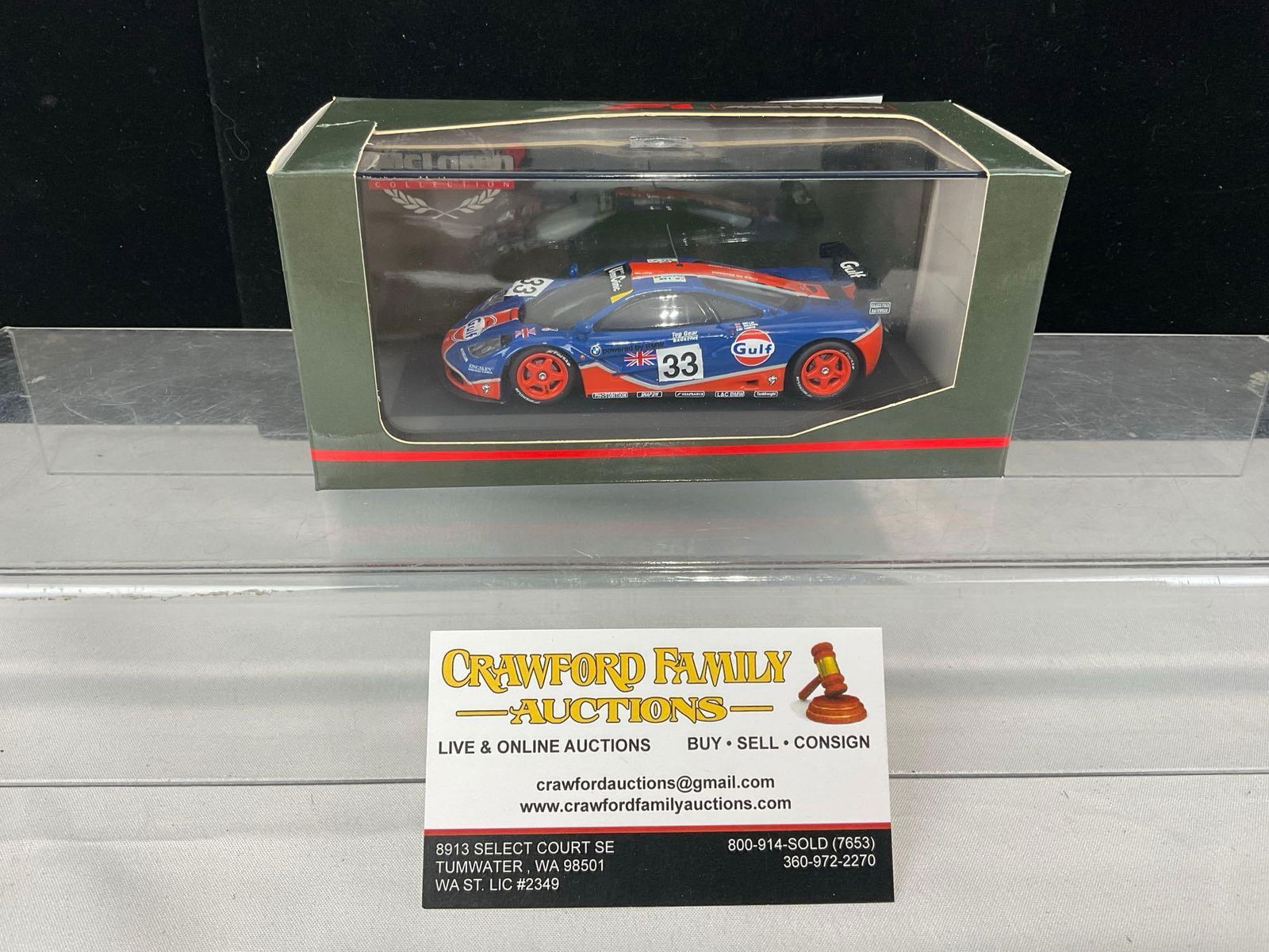 Minichamps, McLaren F1 GTR Le Mans 1996 Gulf Racing, 1/43 Scale Diecast Car Model orig box: Appears to be in good shape. The piece measures approx 4h x 6w x 6d inches. See pics. E-5420 