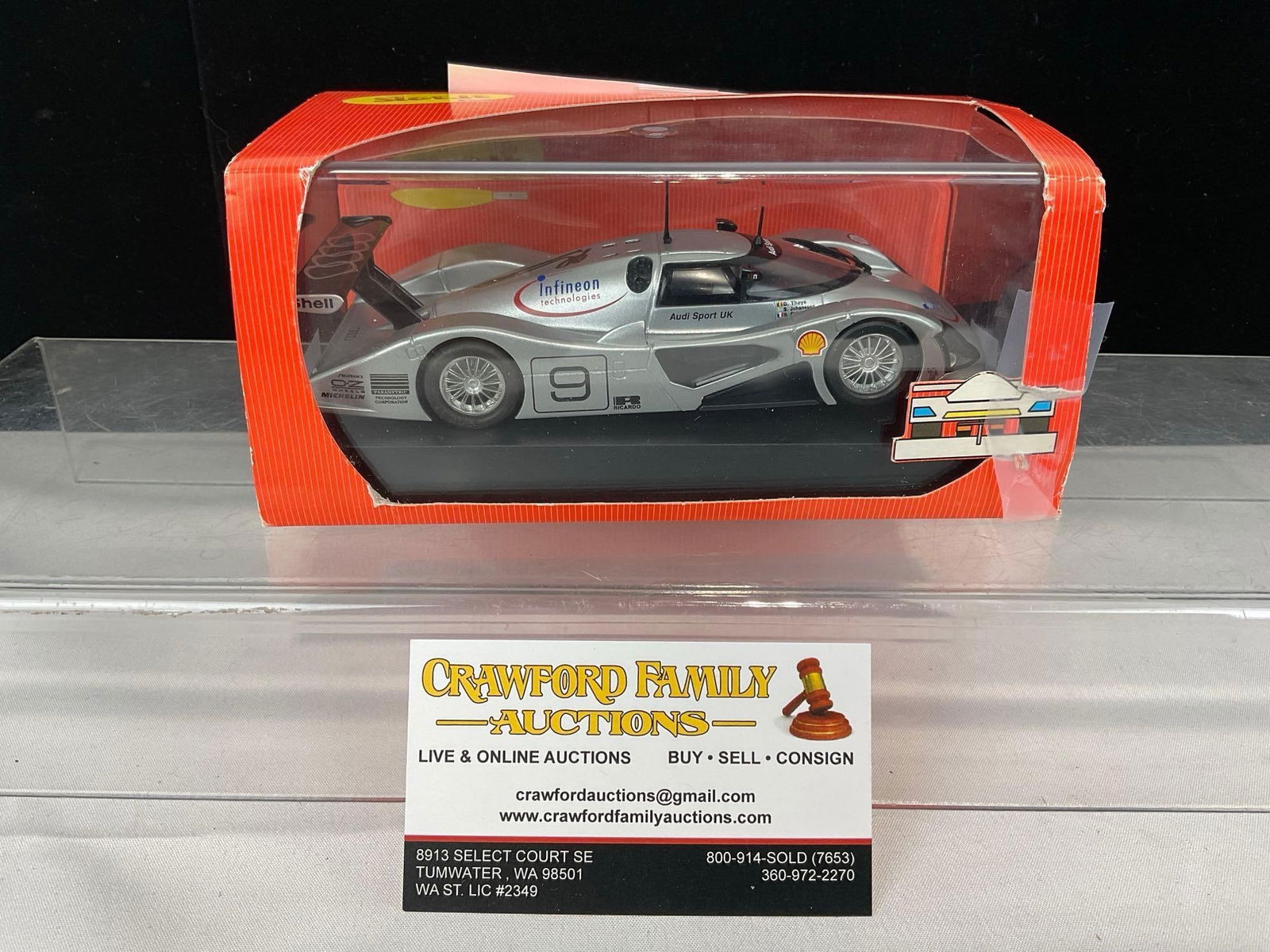 Slot.It 1999 Audi R8C LM 24H, Signed by James Weaver(?), 1/43 Scale Diecast Car Model orig box: Signed on the center of the car. Appears to be in good shape, some wear on the cardboard box. The piece measures approx 4h x 6w x 4d inches. See pics. E-5420 