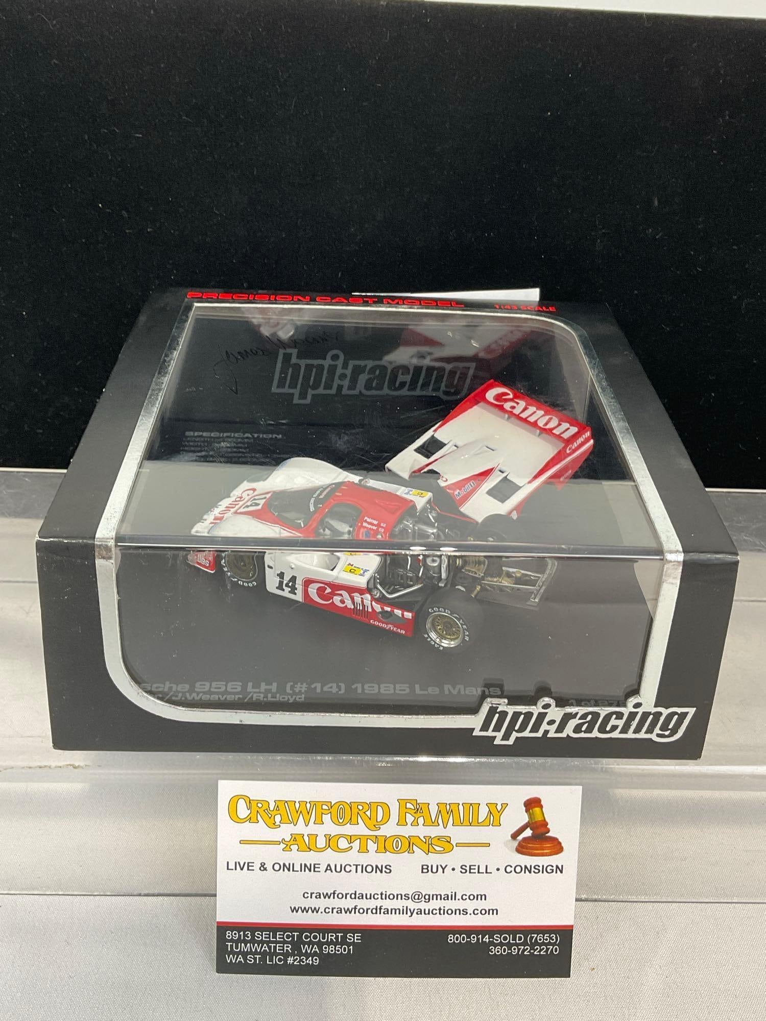 HPI 1985 Porsche 956LH LM24H Signed by James Weaver, 1/43 Scale Diecast Car Model orig box: Signed on the top of the box cover, similar to the next piece. Appears to be in good shape. The piece measures approx 4h x 7w x 7d inches. See pics. E-5420 