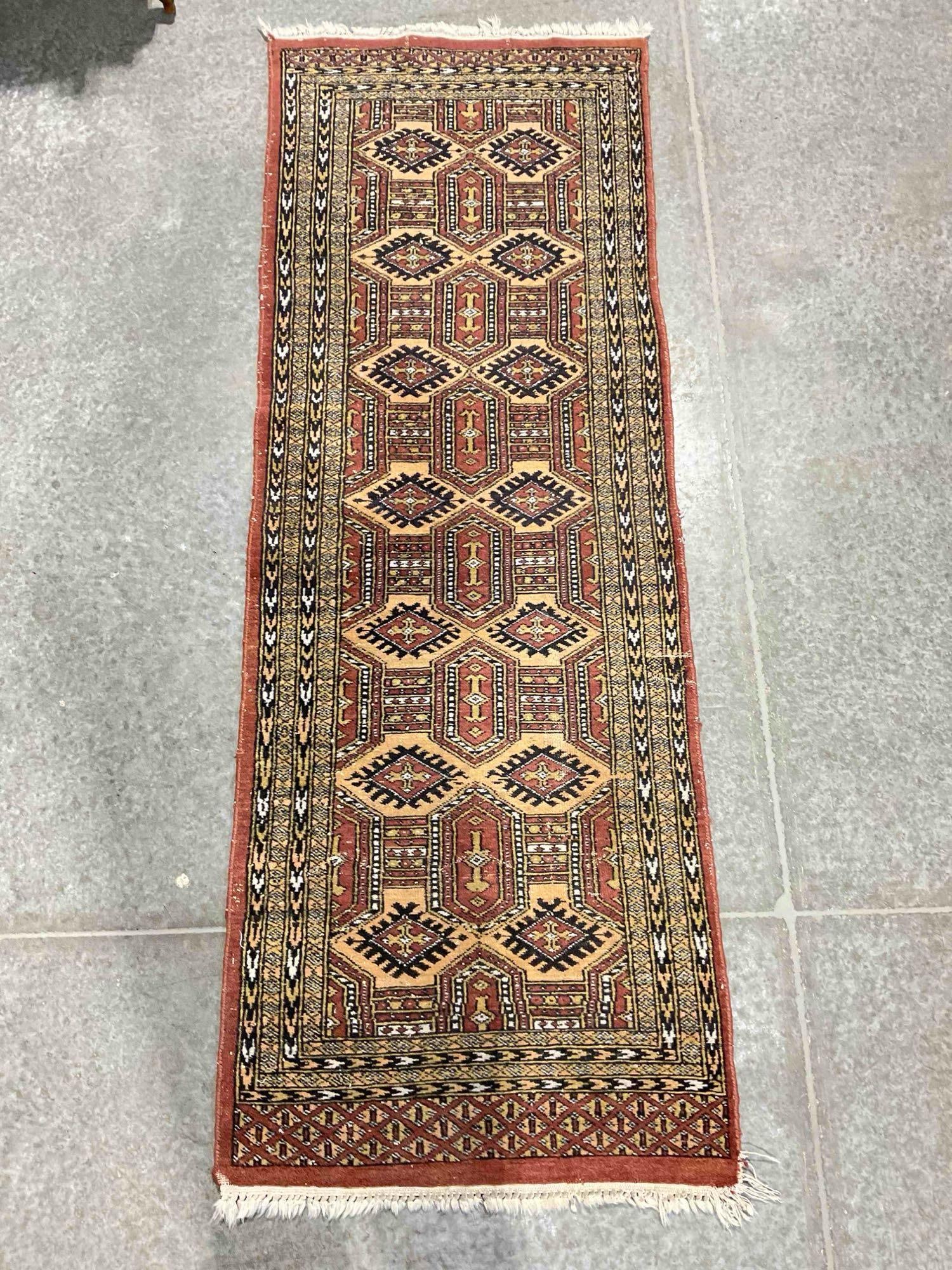 Vintage Caucasian? Brick Red & Black Wool Pile Runner Rug. Measures 70" x 25" See pics. (1 of 6)