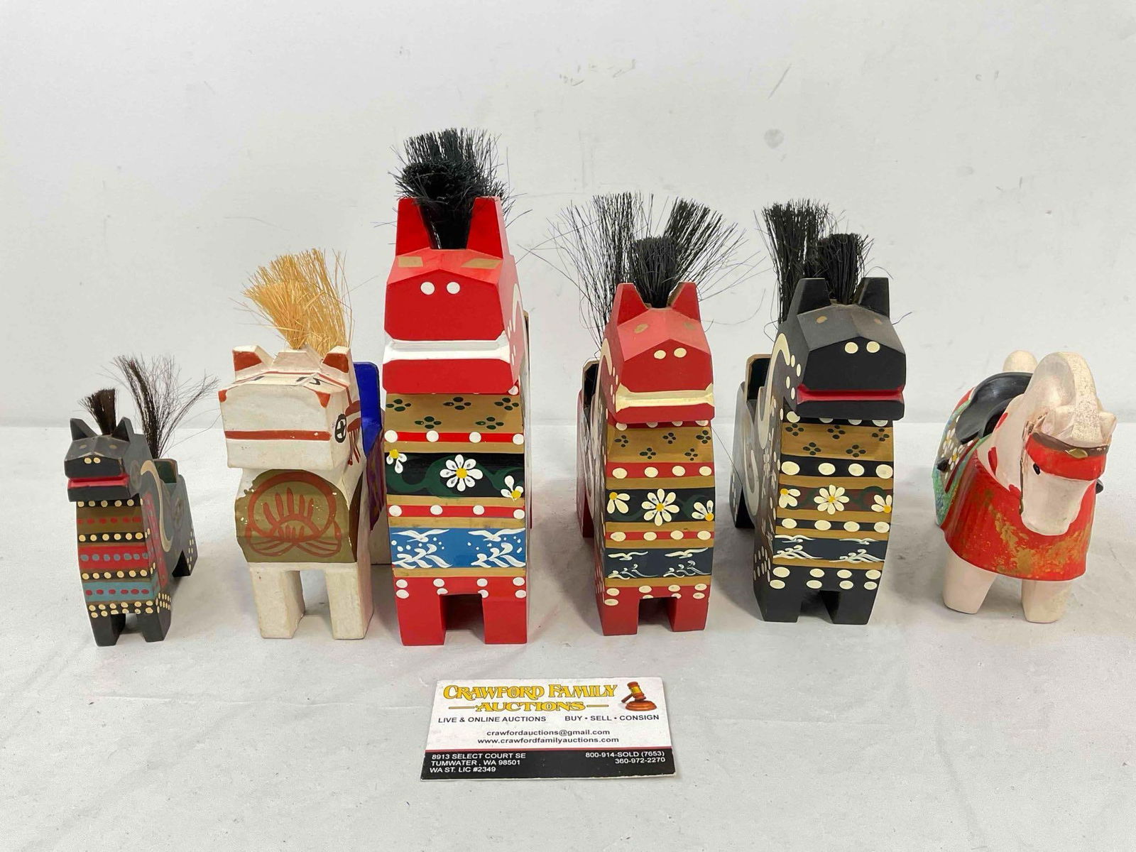 6 pcs Charming Vintage Horse Figurines, incl. 5x Japanese Wood Horses w/ Horsehair & More!: 6 pcs Charming Vintage Horse Figurines, incl. 5x Japanese Wood Horses w/ Horsehair & More! Also includes a ceramic horse, cracked but repaired. Condition is very good. Largest measures 6" x 3" x