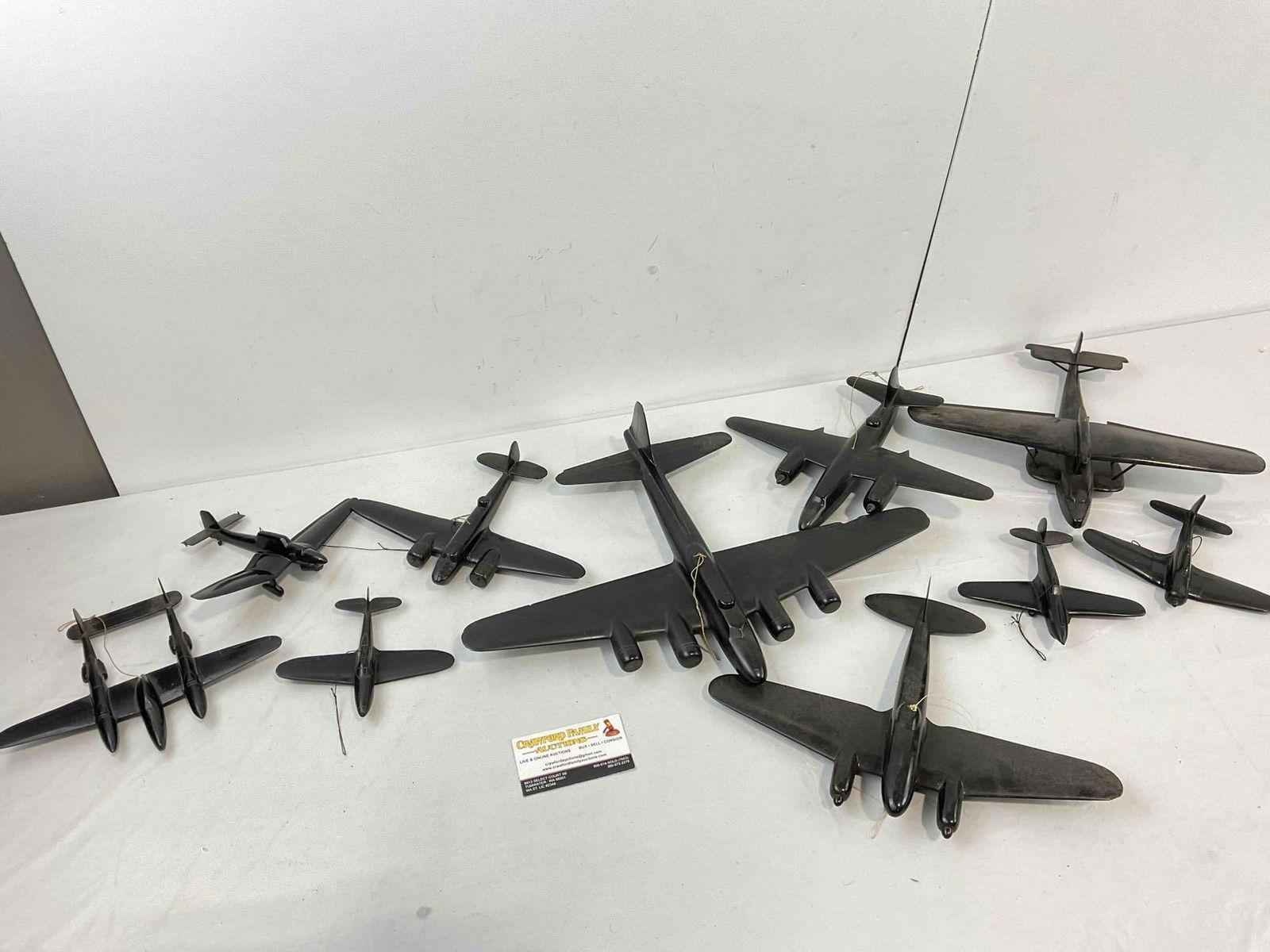 10 pcs Vintage Black Wooden Airplane Figurines. Very Good Condition. See pics.: 10 pcs Vintage Black Wooden Airplane Figurines. Very Good Condition. Minor wear indicative of age, condition is otherwise very good. Largest measures 