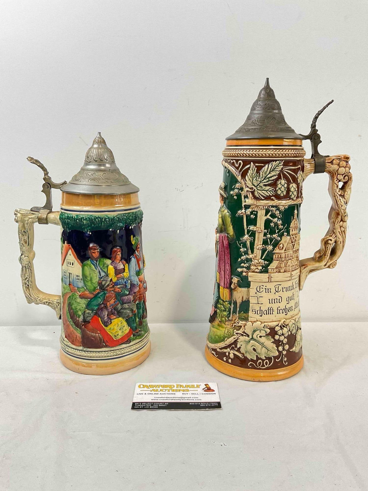 2 pcs Vintage Tall German Ceramic Souvenir Beer Steins. Very Good Condition. See pics. (1 of 5)