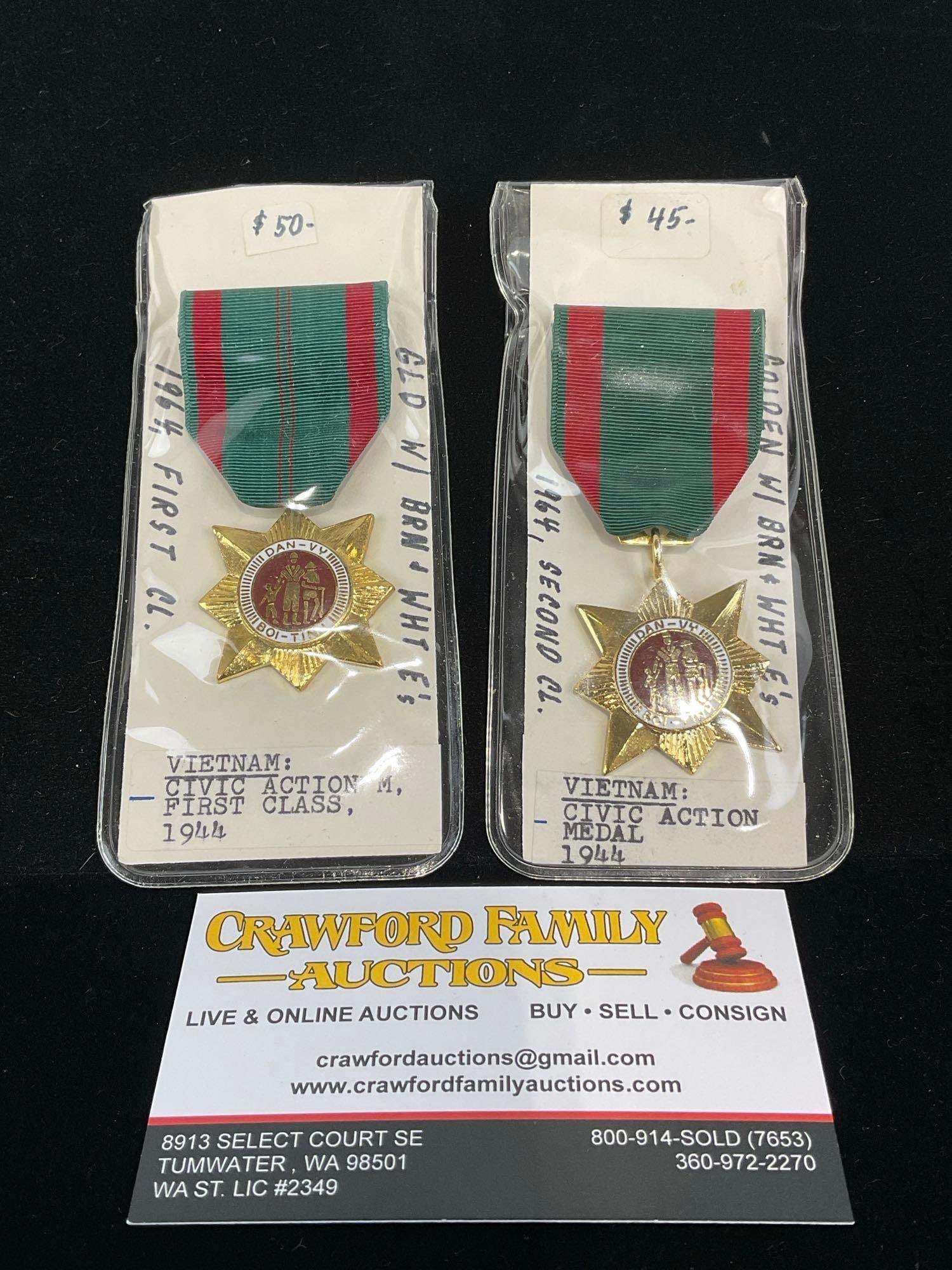 Pair of Vietnamese Medals, Civic Action Medal 1st Class 1964, Red & Green Ribbons: All from a single collection, these are briefly described on the tag and were kept in a display. They measure approx 6h x 3w x 2d inches. See pics. E-5300 