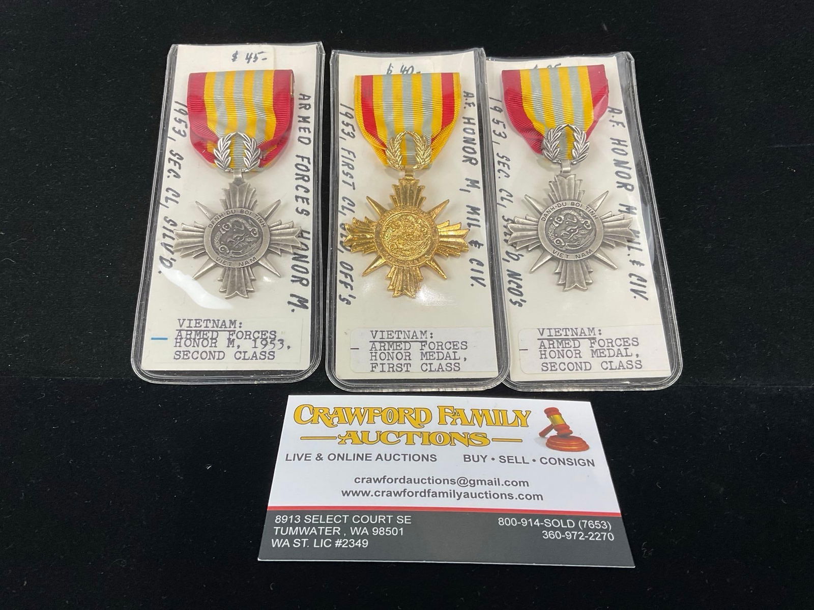 3 Vietnamese Armed Forces Honor Medal 1953, 1x First Class & 2x Second Class: All from a single collection, these are briefly described on the tag and were kept in a display. They measure approx 6h x 3w x 2d inches. See pics. E-5300