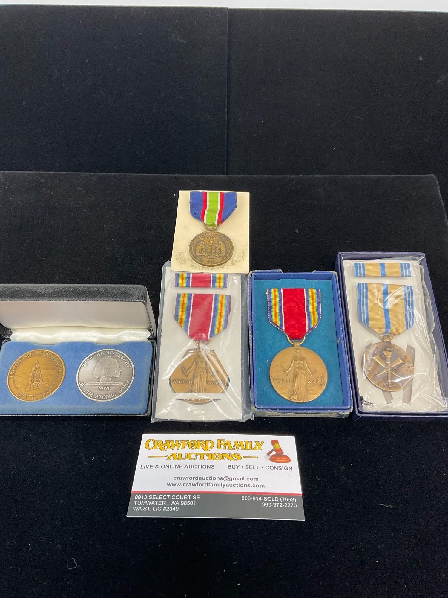 Pair of Atomic Bomb Commem Coins, World War 2 Medals, Armed Forces Reserve Medal & Mexican Border (1 of 5)