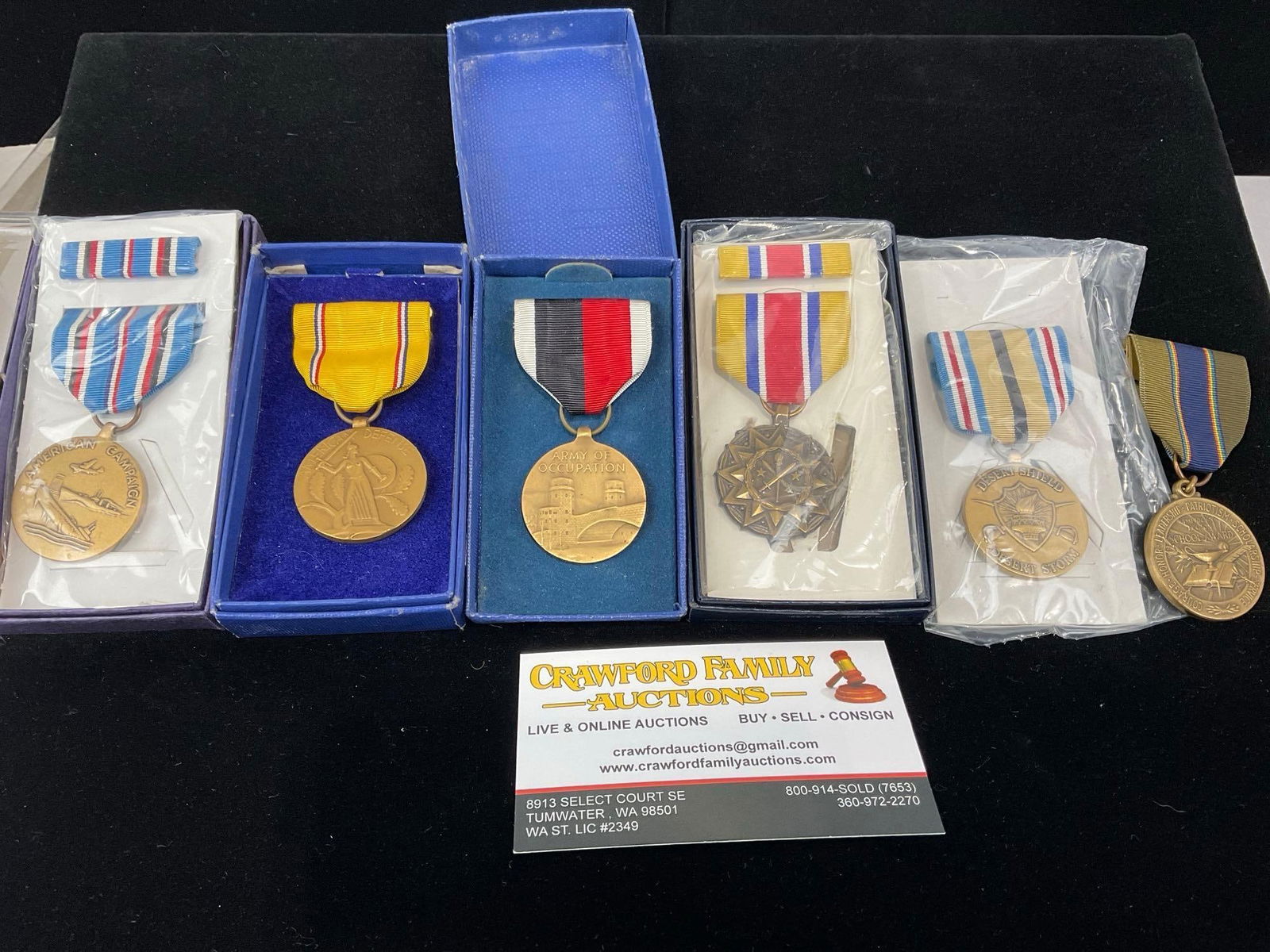 US Medals, American Campaign, Defense, Army of Occupation, Army Reserve, Desert Storm, & AL Schoo...: All from a single collection, these are briefly described on the tag and were kept in a display. They measure approx 6h x 3w x 2d inches. See pics. E-5300 