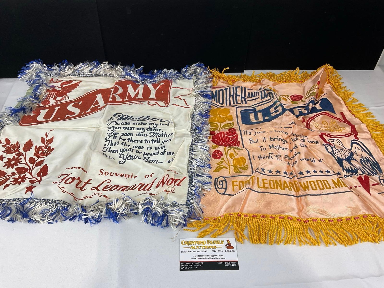 Pair of Vintage WW2 US Army Military Sweetheart Pillowcases, Blue & Yellow Fringe: Appears to be in good shape. The pieces measure approx 3h x 10w x 6d inches. See pics. E-5300 