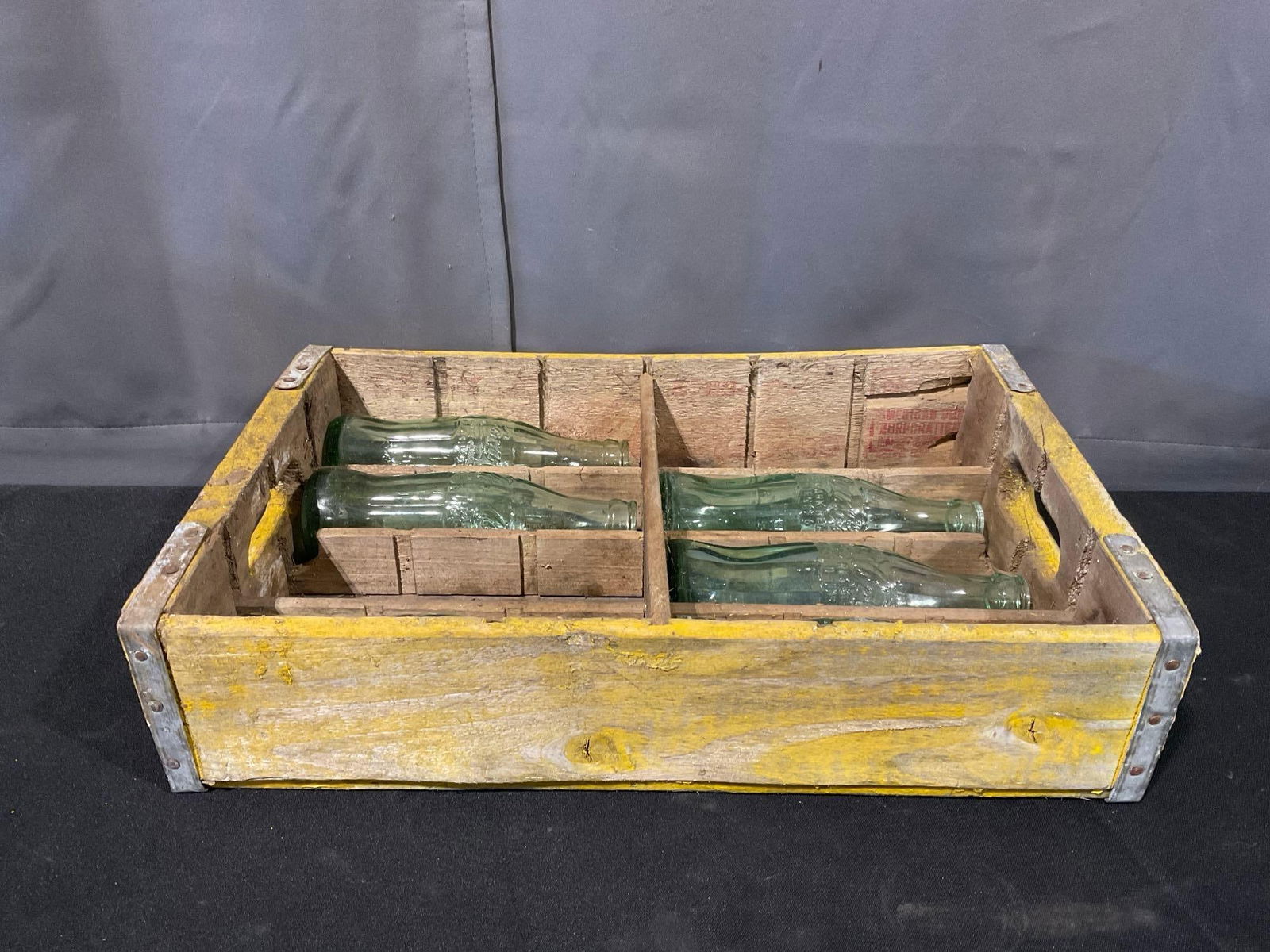 Vintage Wood & Iron Bottle Carrier, likely Coca-Cola, w/ 6 Green Glass 6.5 oz Coca-Cola Bottles (1 of 7)