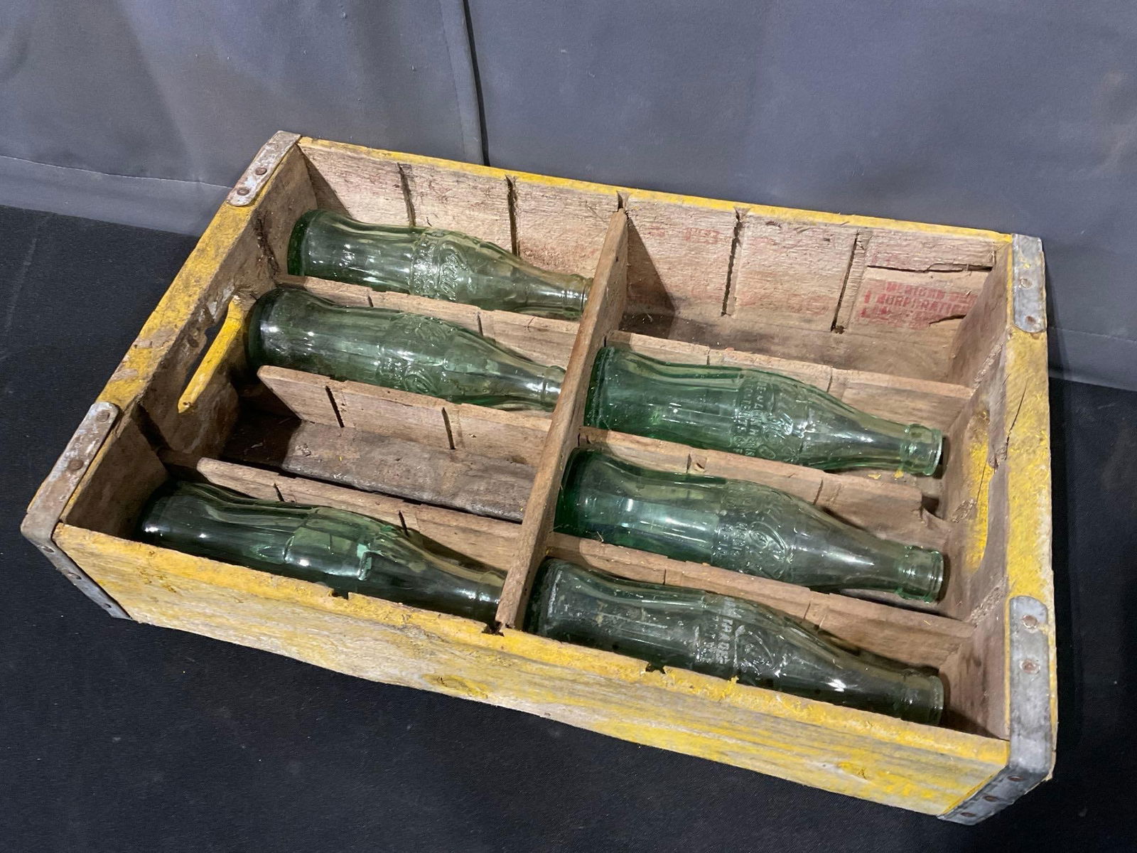 Vintage Wood & Iron Bottle Carrier, likely Coca-Cola, w/ 6 Green Glass 6.5 oz Coca-Cola Bottles - 2