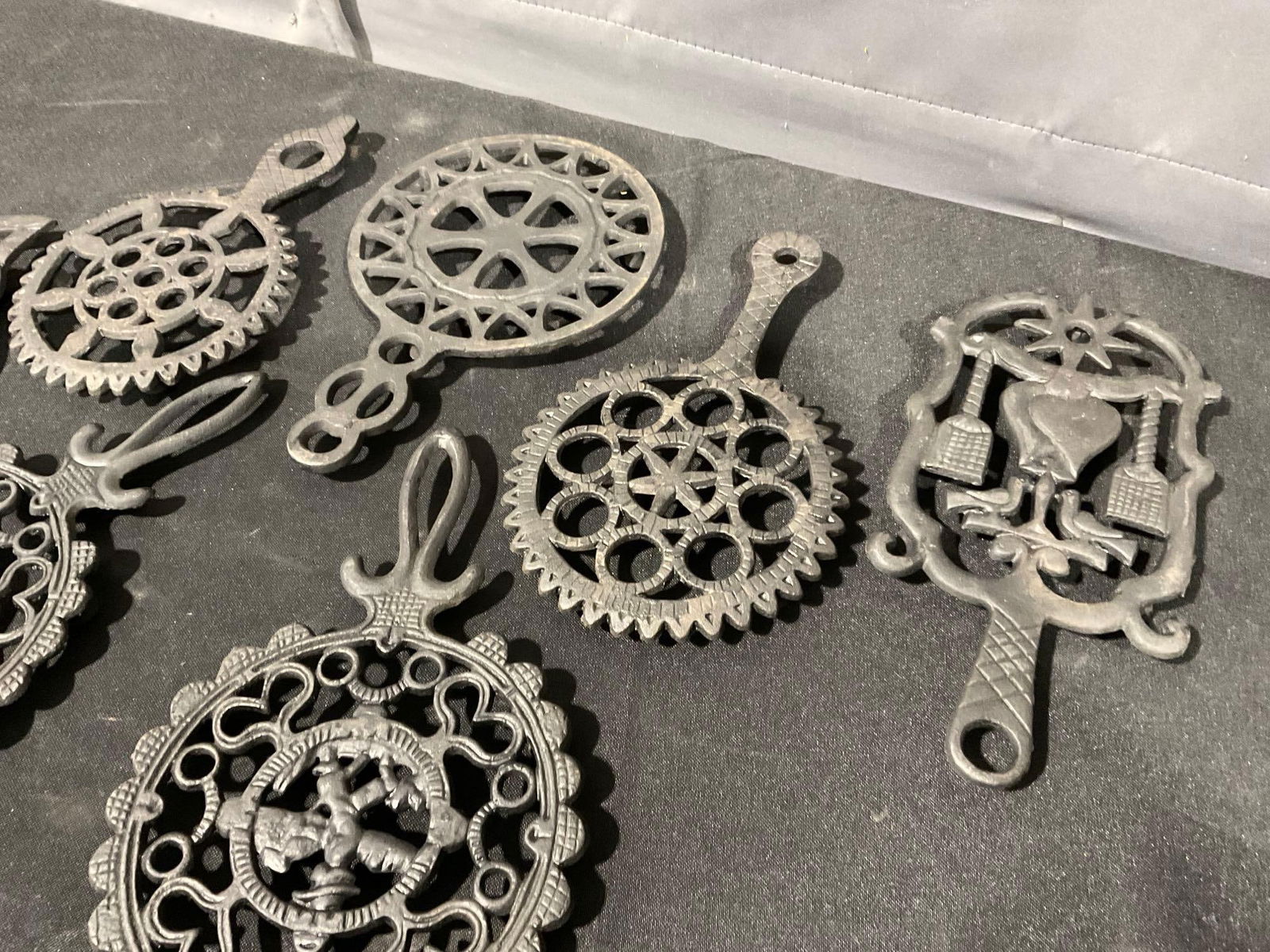 7 Cast Iron Trivets, Unique Designs, Owl shaped, and round scalloped edges, 5h x 11w x 8d inches - 3