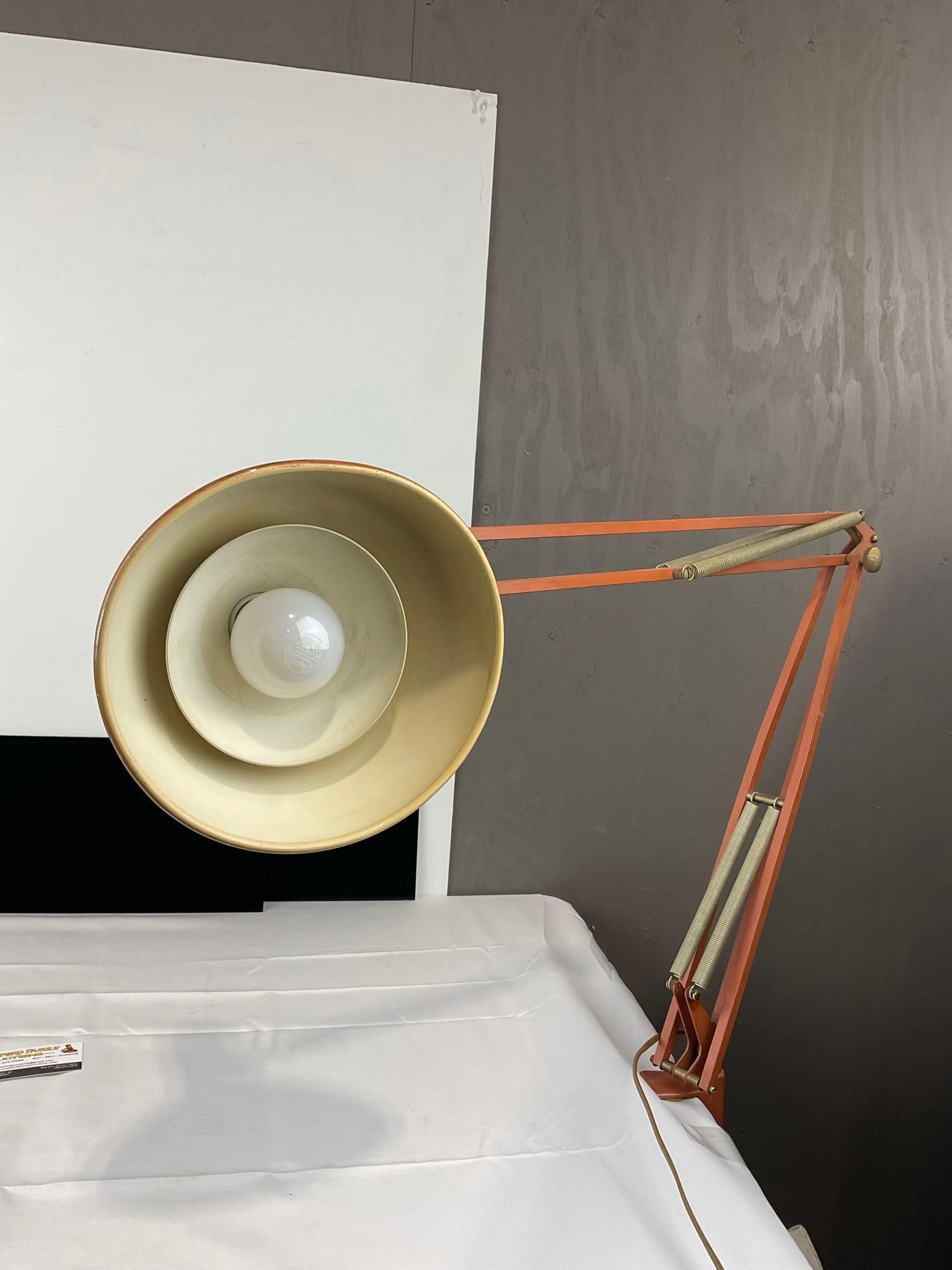 Norwegian Luxo Lamp L-1, Articulated Desk Lamp, 28h x 10w x 9d inches, tested & working: Appears to be in good shape. The piece measures approx 28h x 10w x 9d inches. See pics. E-5360 
