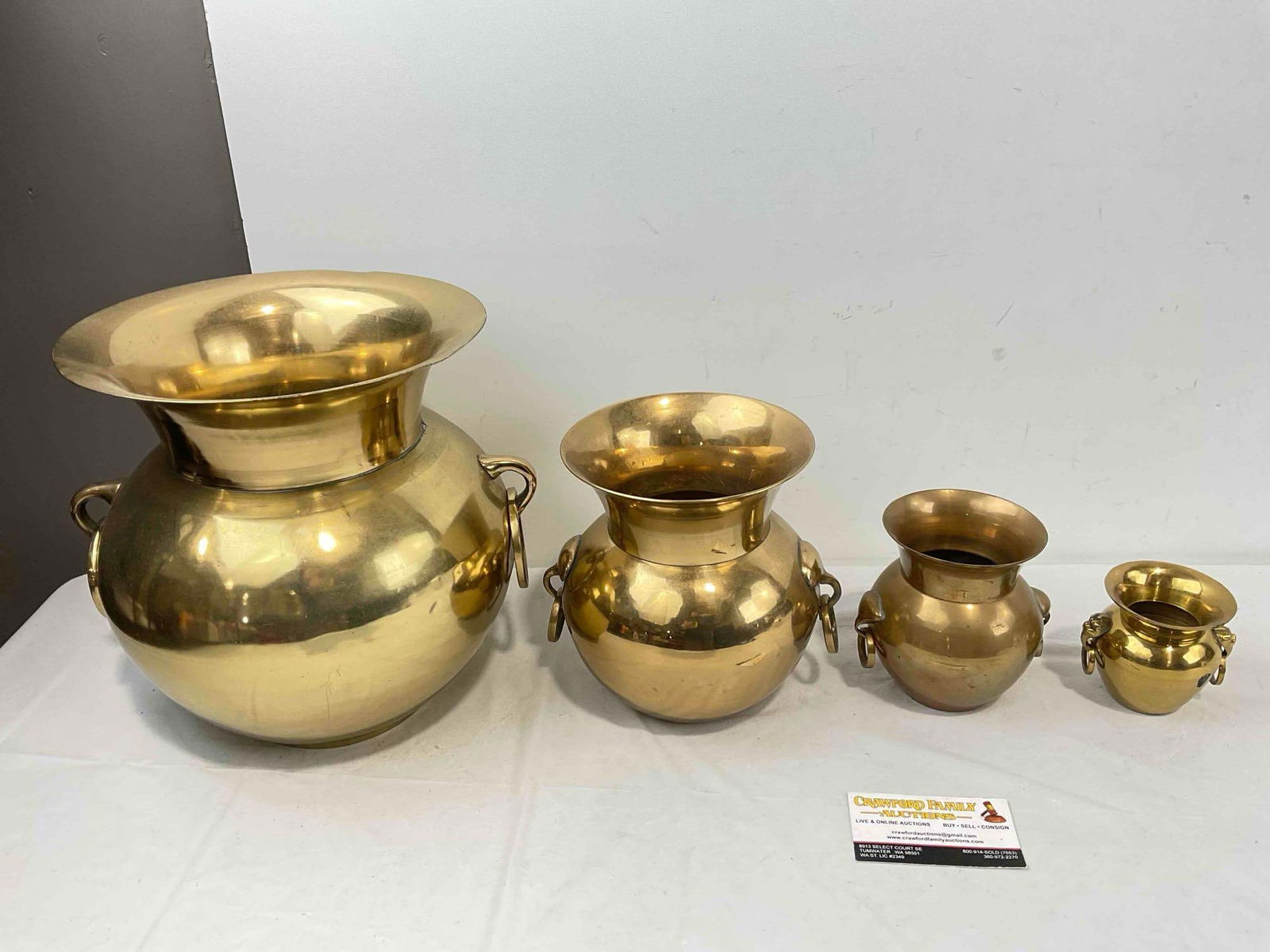 4 pcs Brass Graduated Urn Style Vases. Largest Measures 11" x 10" x 11" Very Good Condition. (1 of 6)