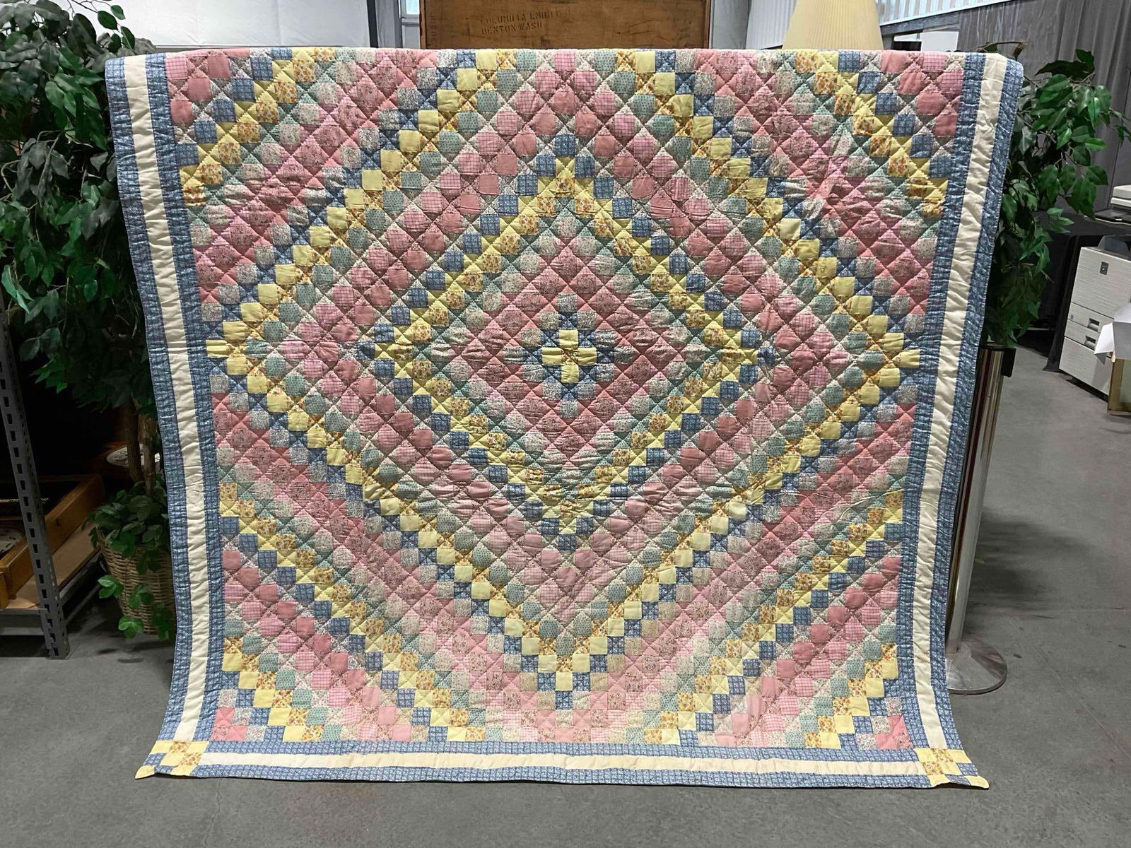 Vintage Pastel Colored "Trip Around the World" Pattern Hand Quilted Cotton Blanket Bed Spread. (1 of 6)