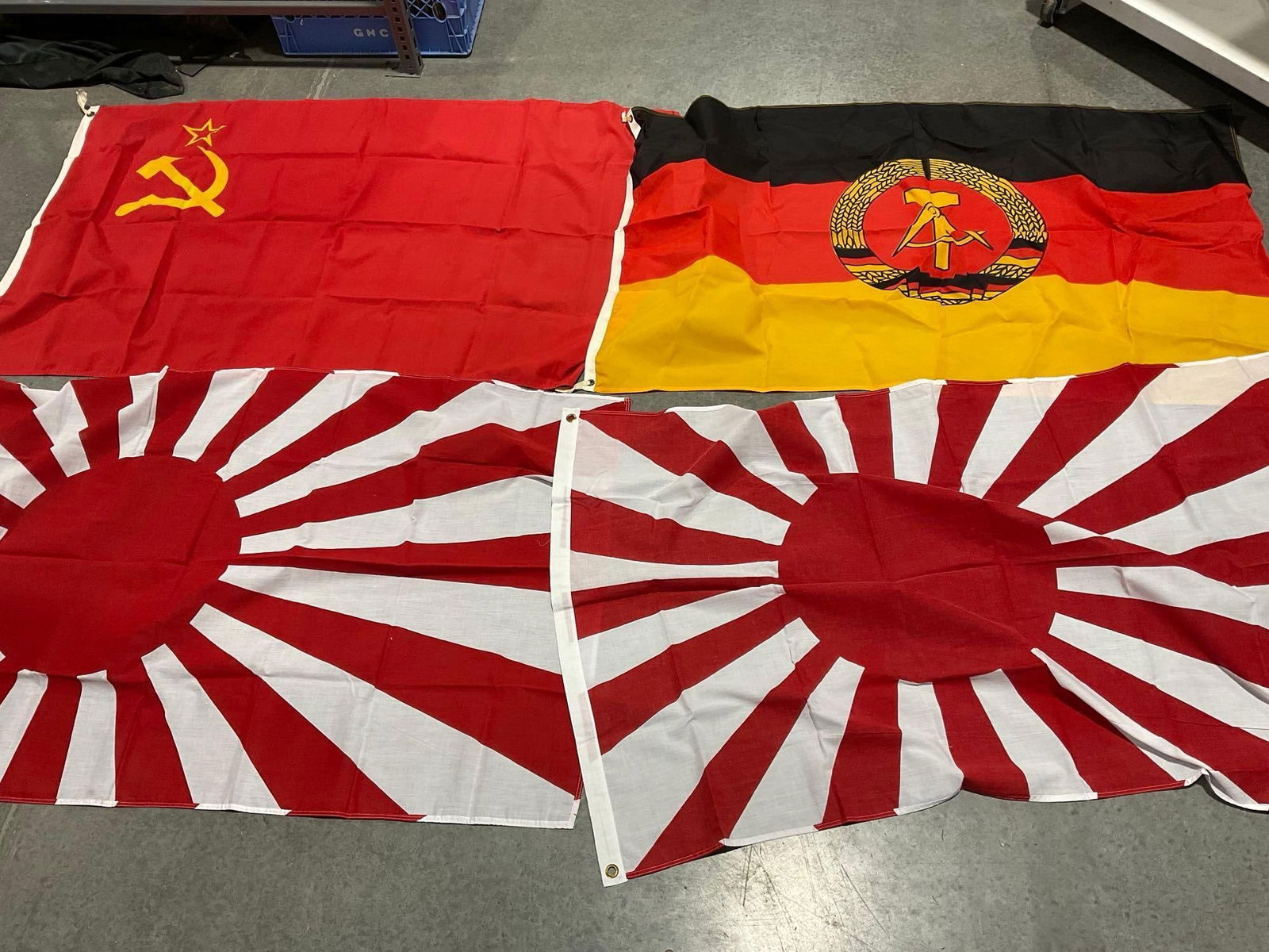 4 Vintage Flags, Pair of Imperial Japan Rising Sun, GDR East Germany & USSR Hammer & Sickle: Appears to be in good shape. They measure approx 5h x 12w x 6d inches. See pics. E-5300 