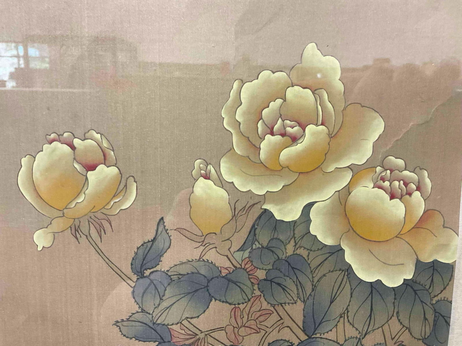 Vintage Framed Chinese Silk Painting w/ Yellow Dahlia Flowers. Very Good Condition. See pics. - 5
