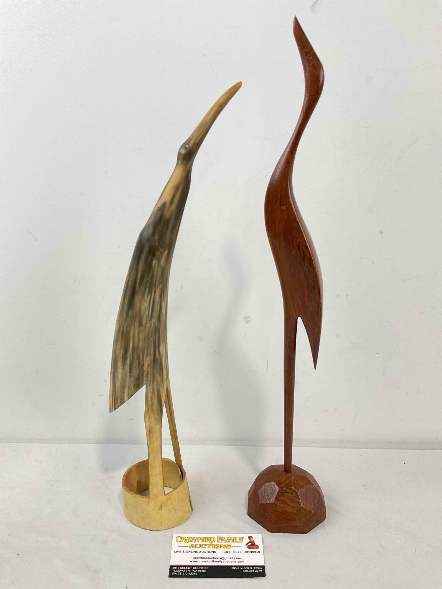 2 pcs Vintage Tall Bird Statuettes, incl. 1x Uganda Horn Sculpture & 1x Carved Wood. See pics. (1 of 5)