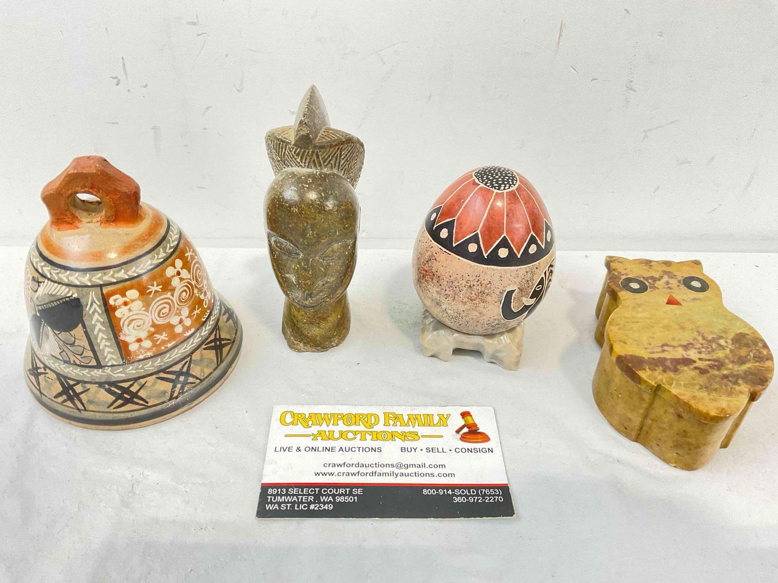 4 pcs Vintage Collectibles, incl. Mexican Ceramic Bell & Carved Stone Owl Box. See pics.: 4 pcs Vintage Collectibles, incl. Mexican Ceramic Bell & Carved Stone Owl Box. Minor wear indicative of age, condition is otherwise very good. Largest measures 4" x 2" x 2" DM-5360