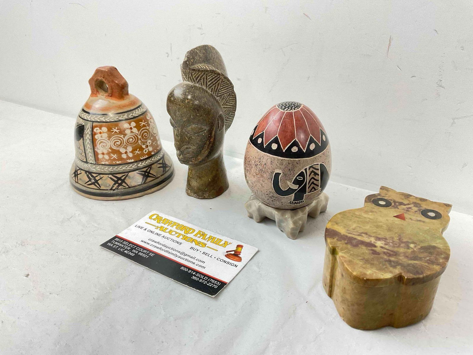 4 pcs Vintage Collectibles, incl. Mexican Ceramic Bell & Carved Stone Owl Box. See pics. - 2