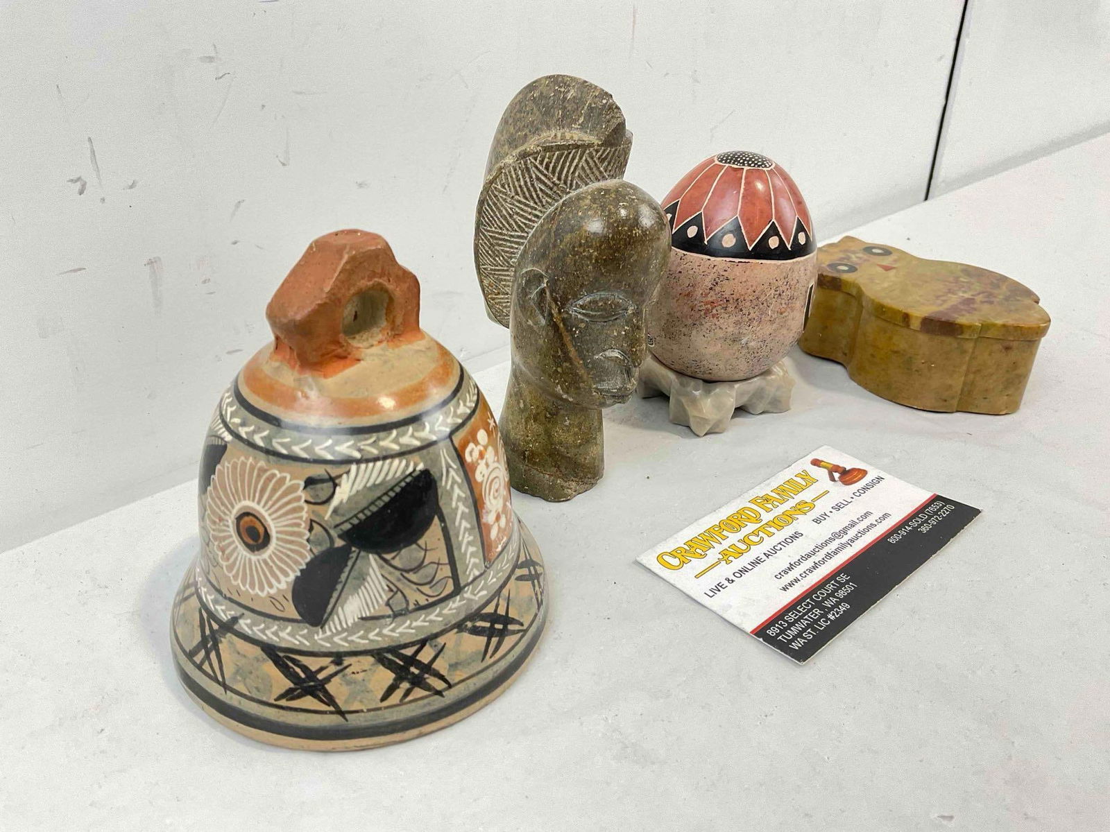 4 pcs Vintage Collectibles, incl. Mexican Ceramic Bell & Carved Stone Owl Box. See pics. - 3
