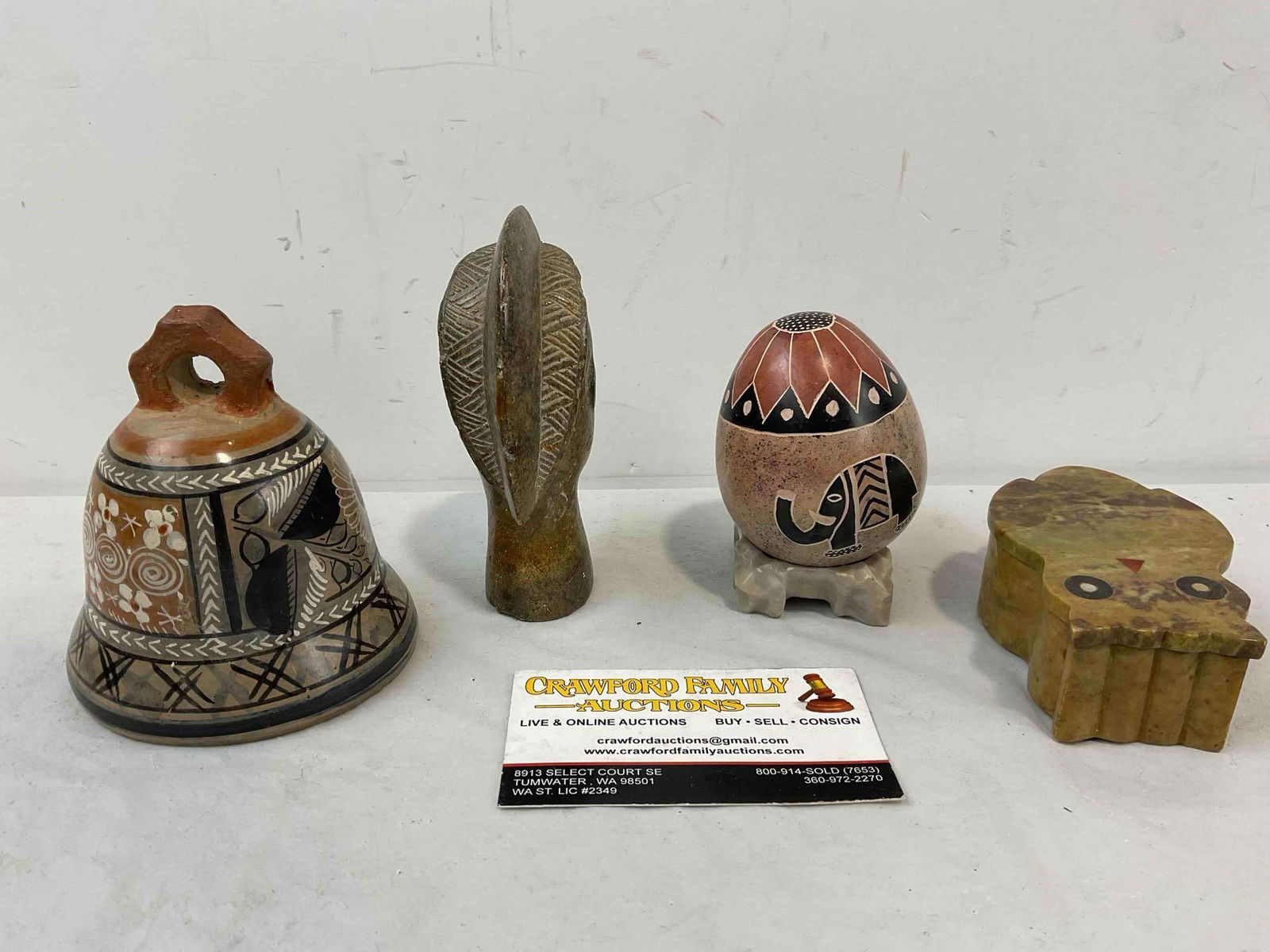4 pcs Vintage Collectibles, incl. Mexican Ceramic Bell & Carved Stone Owl Box. See pics. - 4