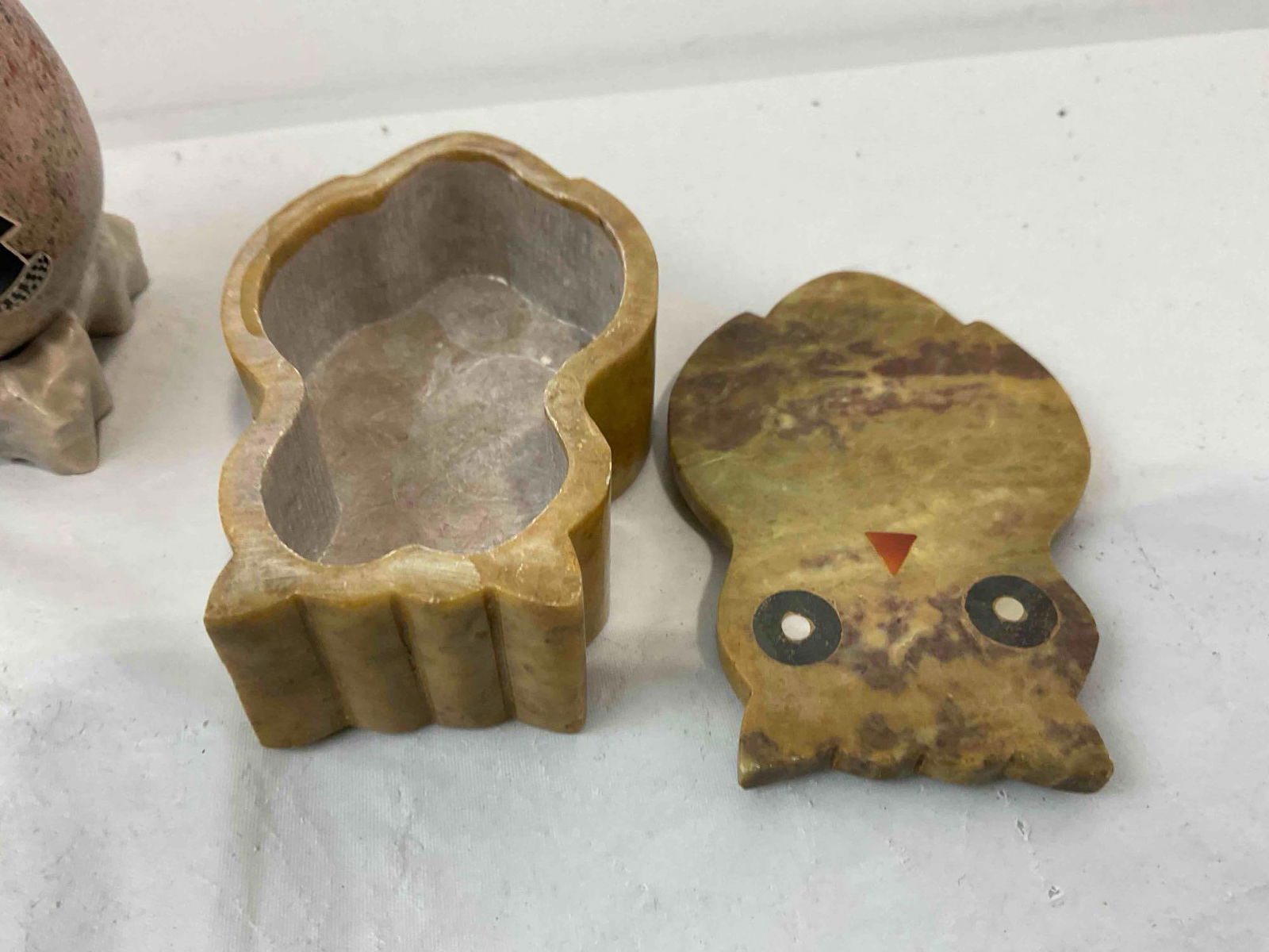 4 pcs Vintage Collectibles, incl. Mexican Ceramic Bell & Carved Stone Owl Box. See pics. - 6