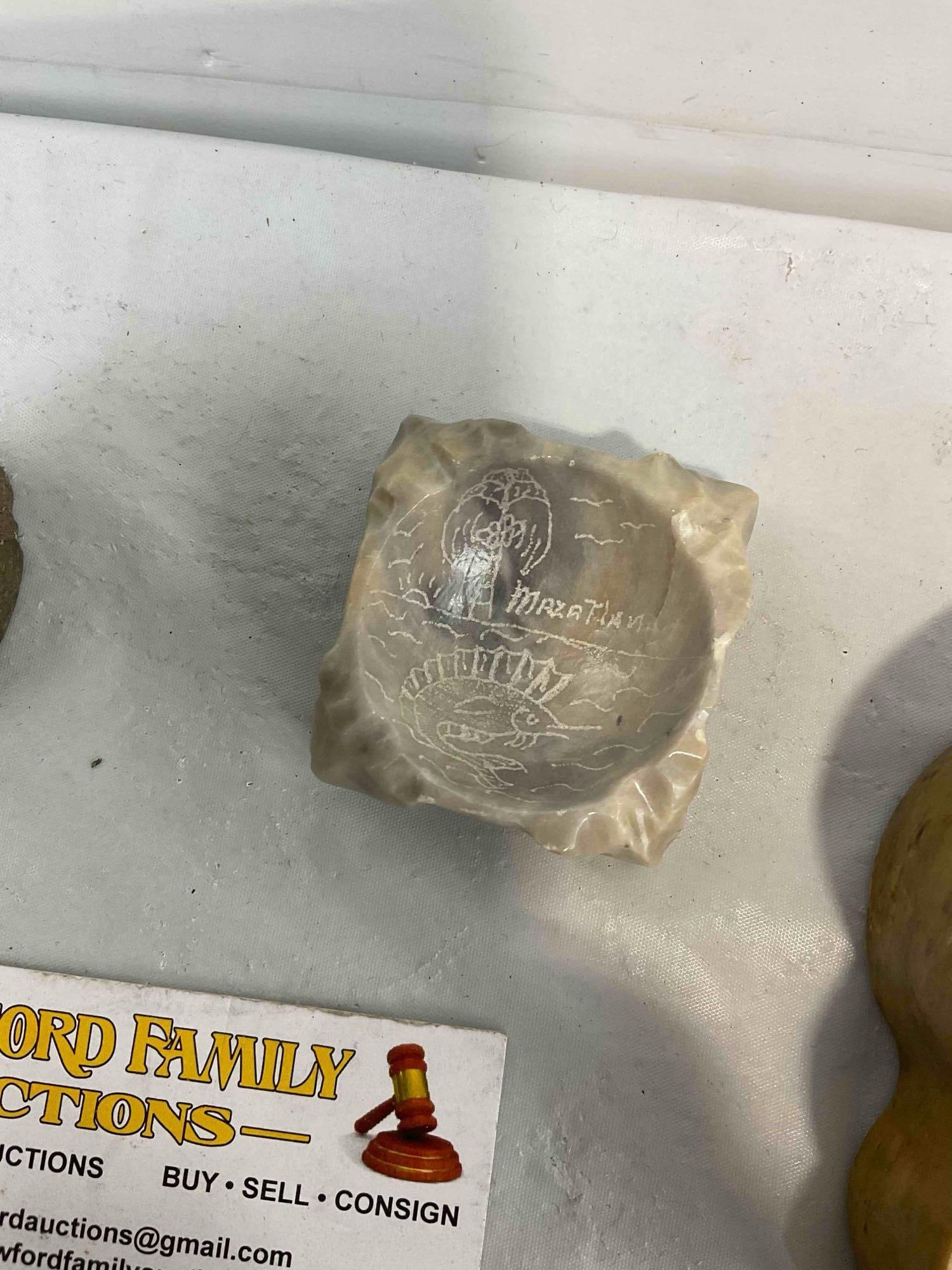 4 pcs Vintage Collectibles, incl. Mexican Ceramic Bell & Carved Stone Owl Box. See pics. - 7