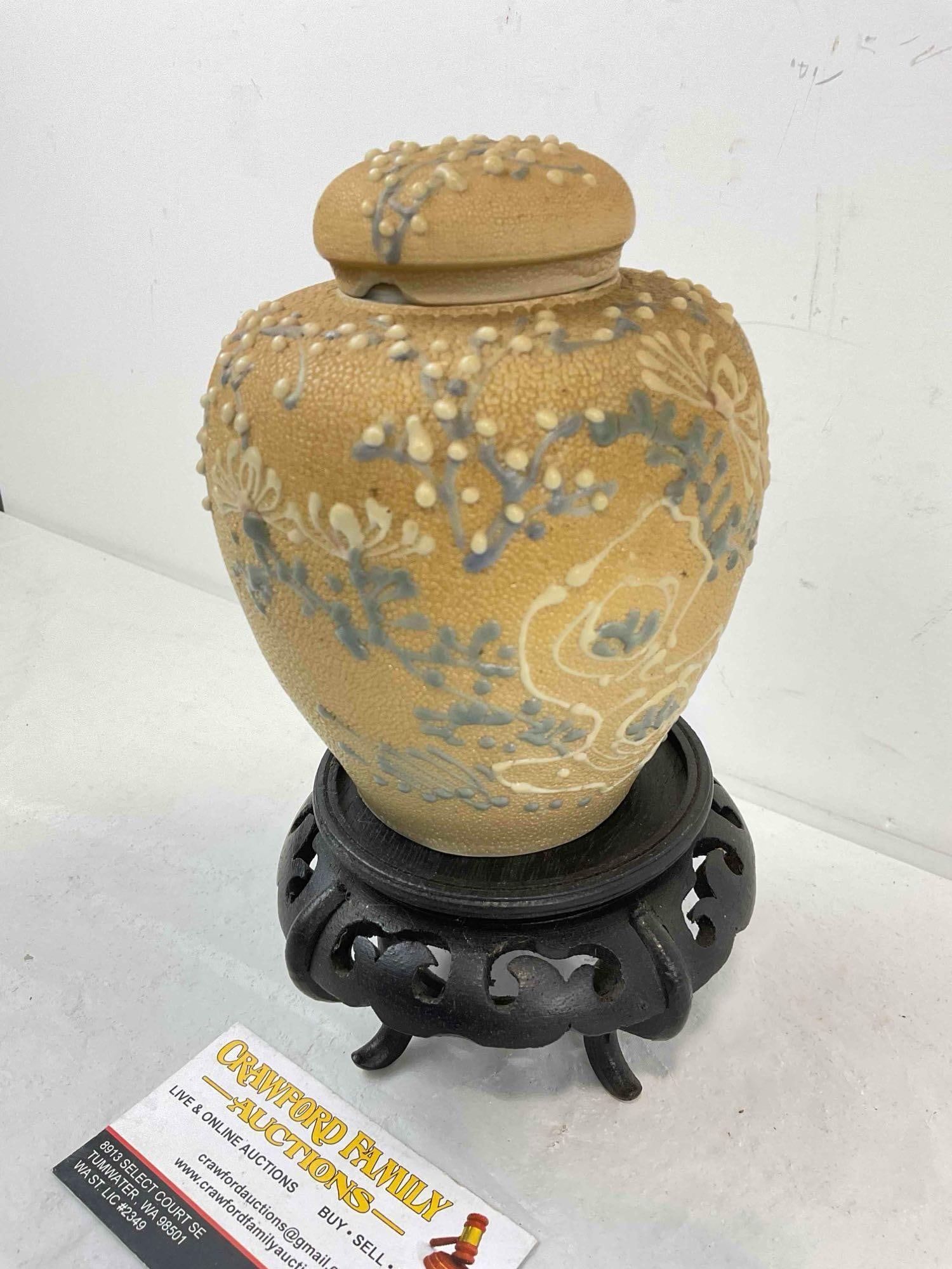 Vintage Chinese Beige & Blue Ceramic Jar on Wooden Stand. Very Good Condition. See pics. - 2